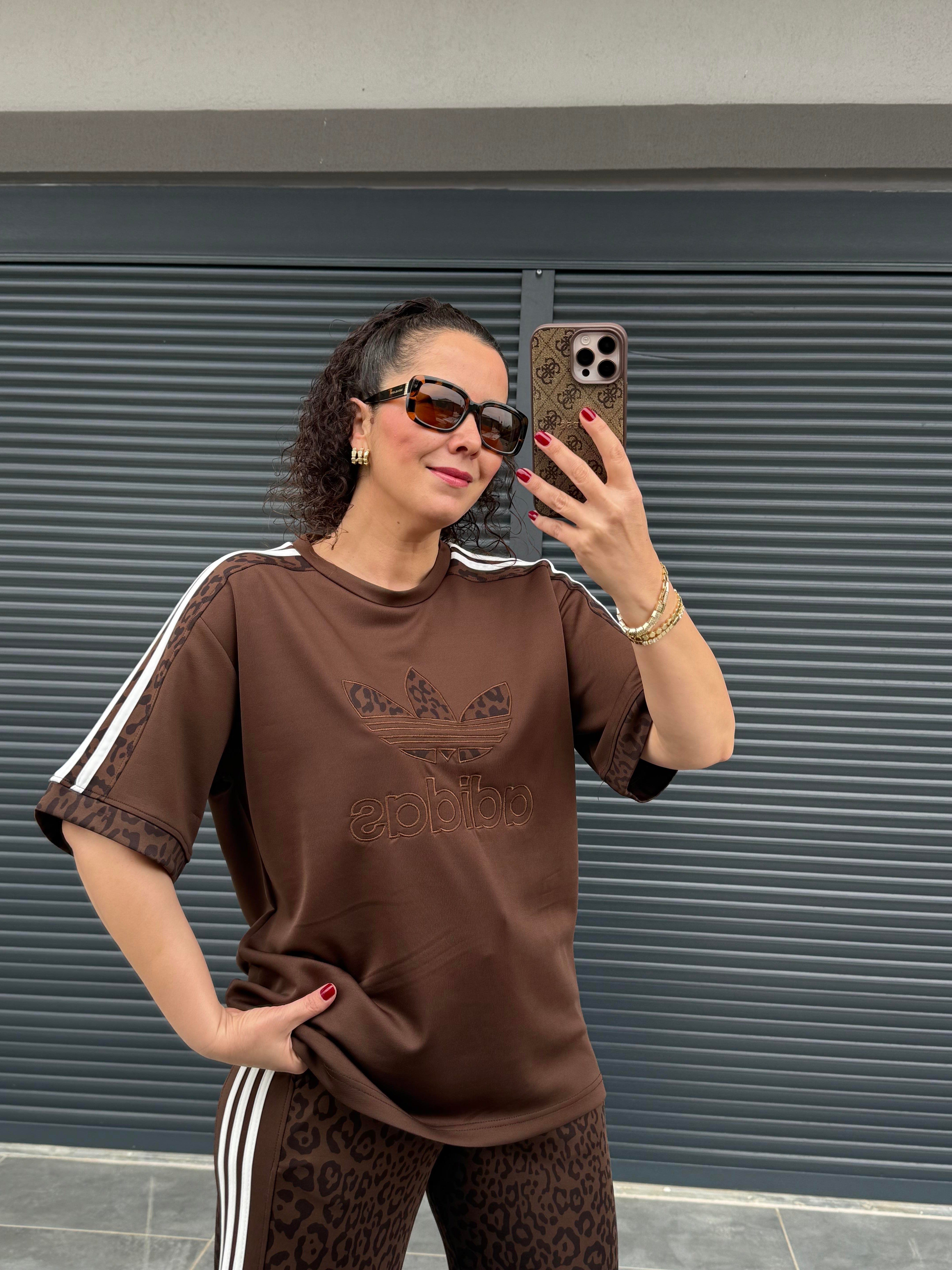 Leopar Desenli  Şeritli Takım Kahverengi