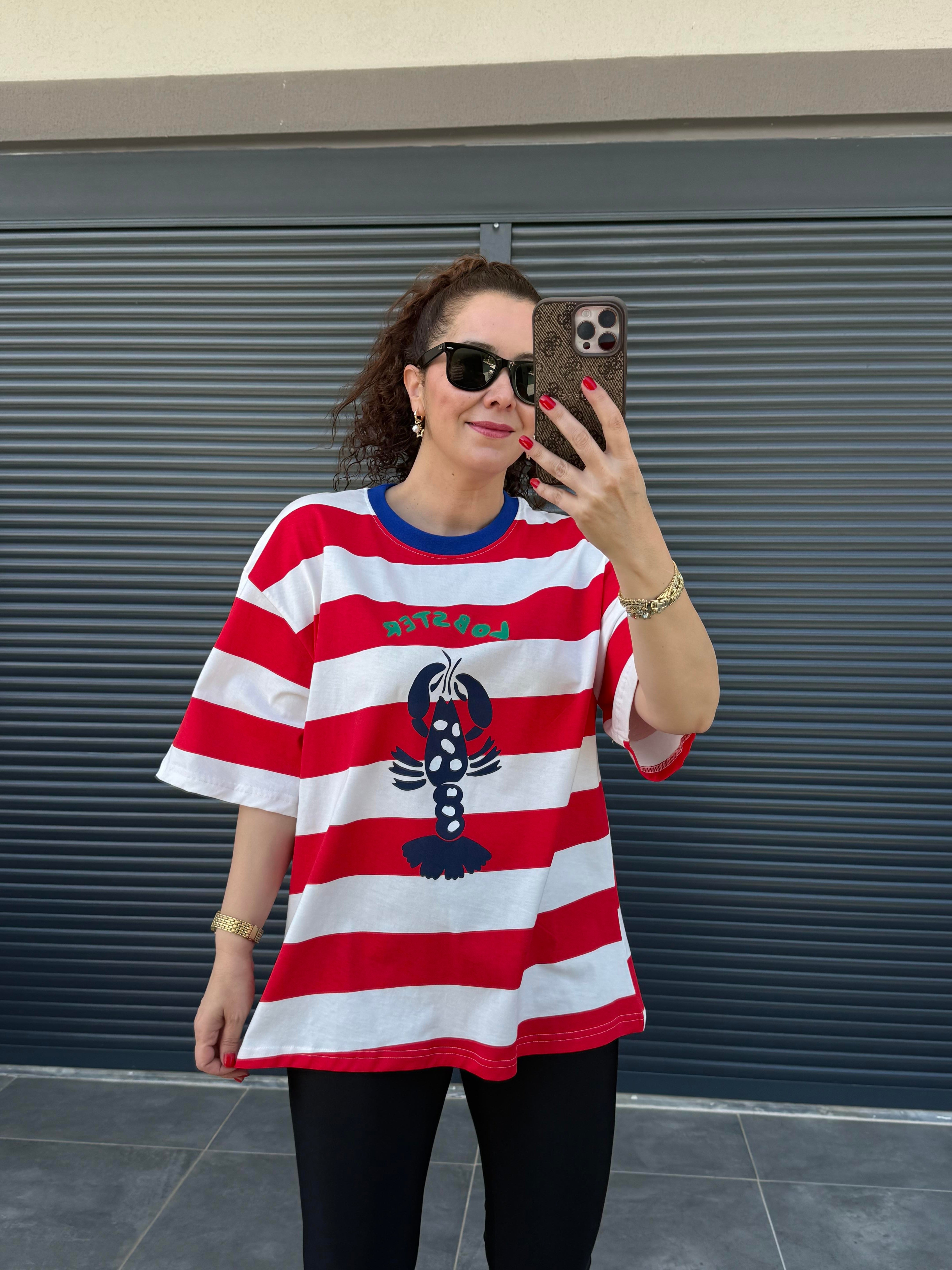 Lobster Çizgili Oversize T-shirt