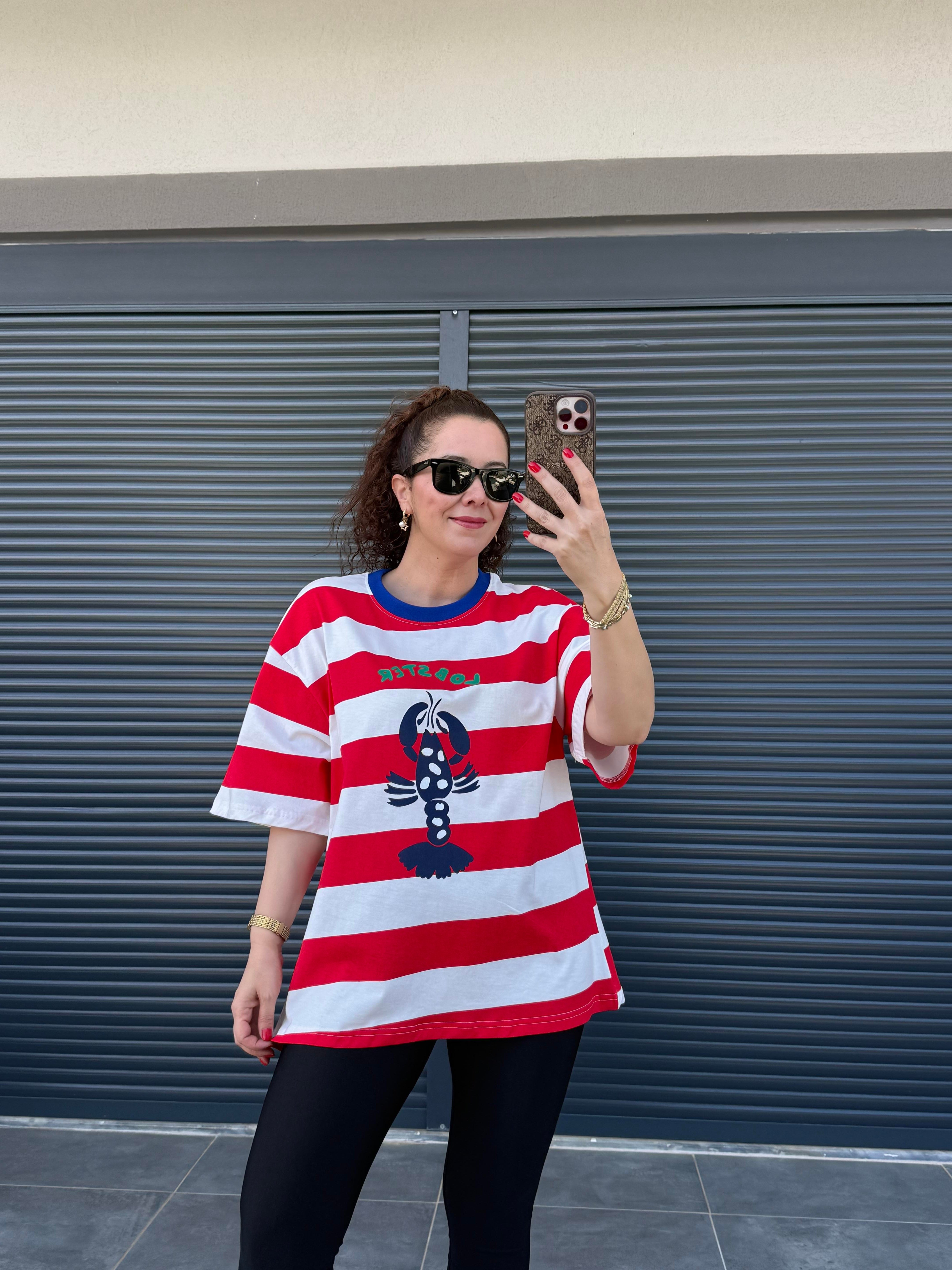 Lobster Çizgili Oversize T-shirt