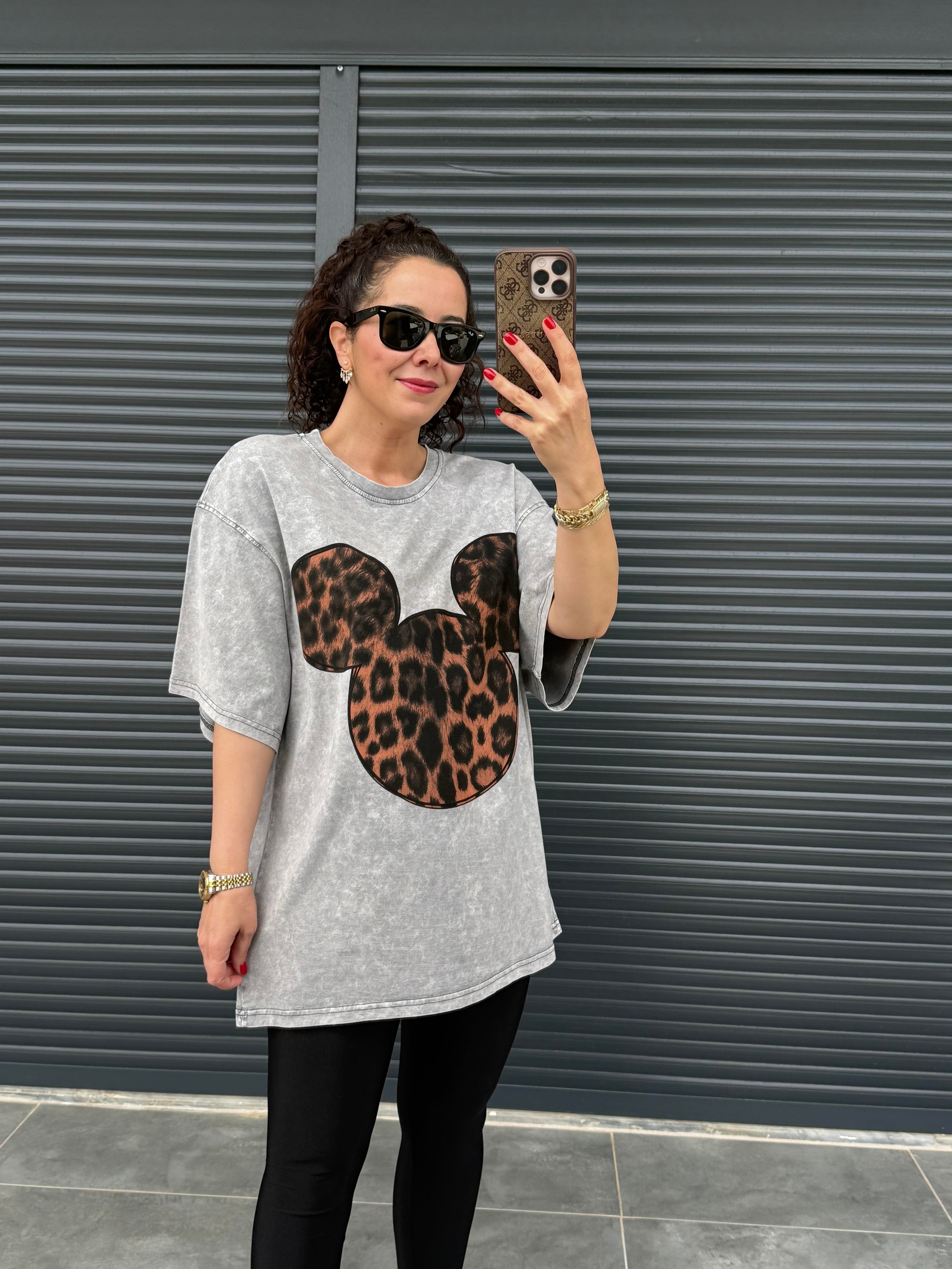 Mickey Leopar Eskitme Oversize T-shirt