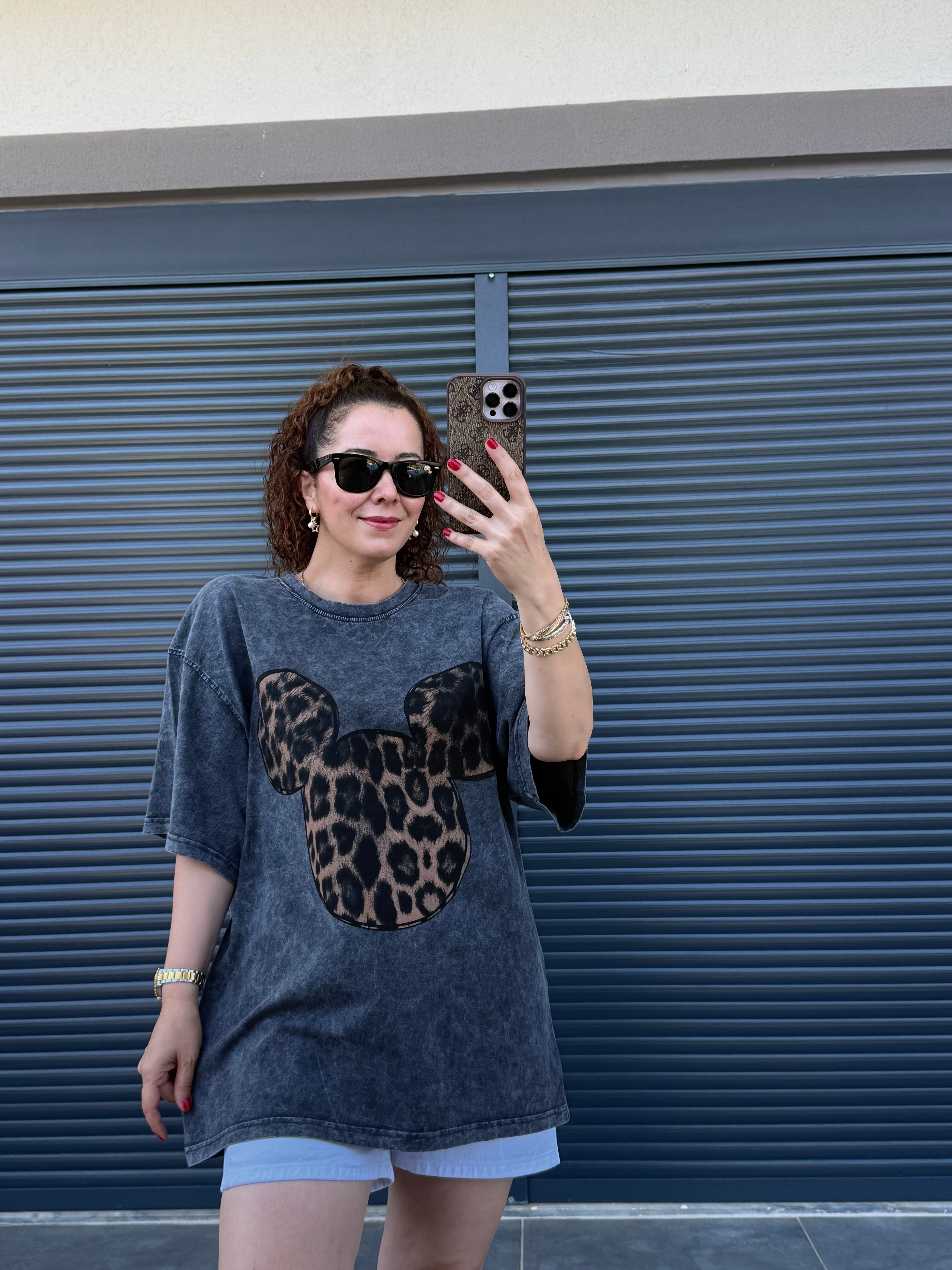 Mickey Leopar Eskitme Oversize T-shirt Antrasit