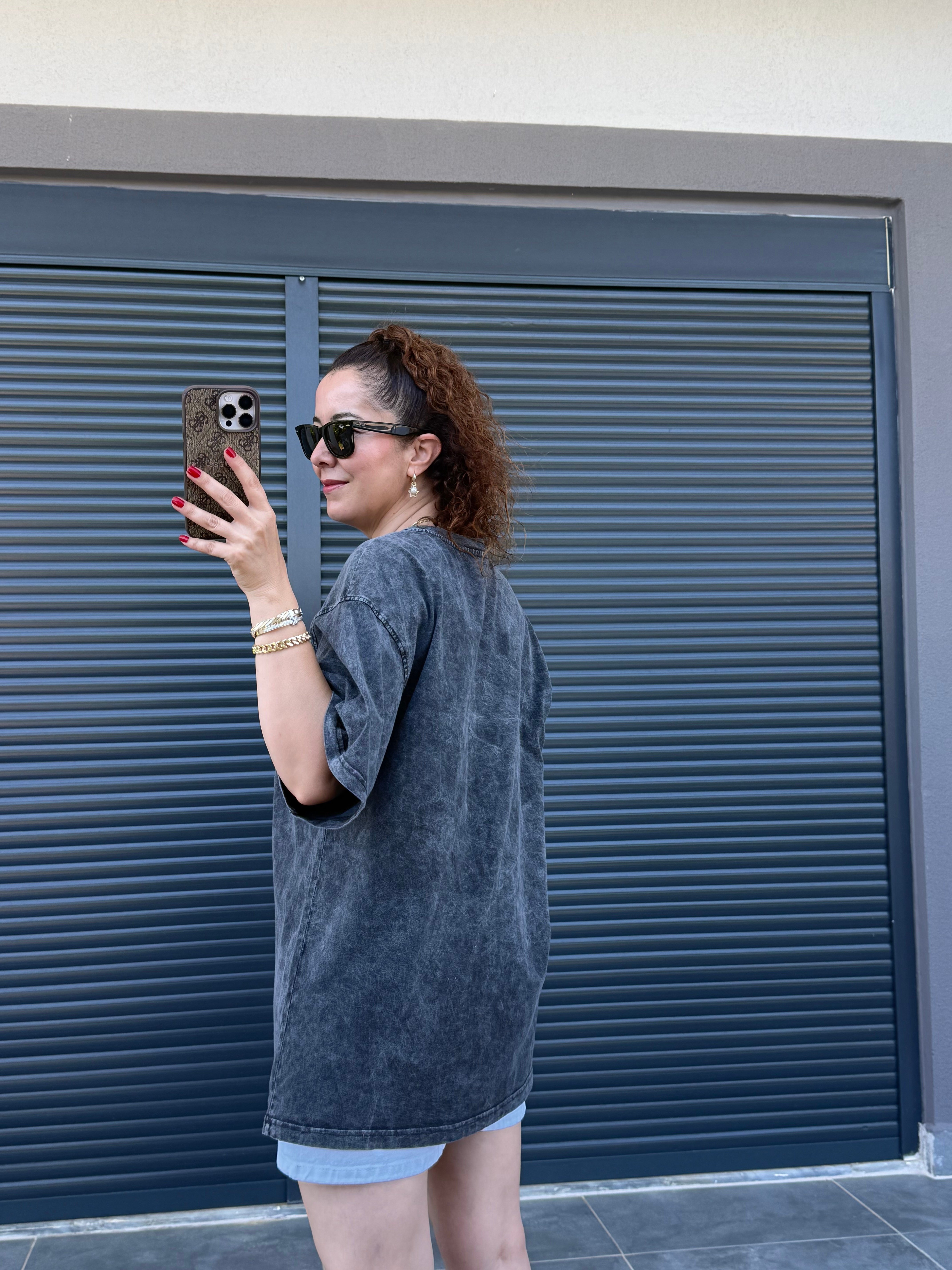 Mickey Leopar Eskitme Oversize T-shirt Antrasit