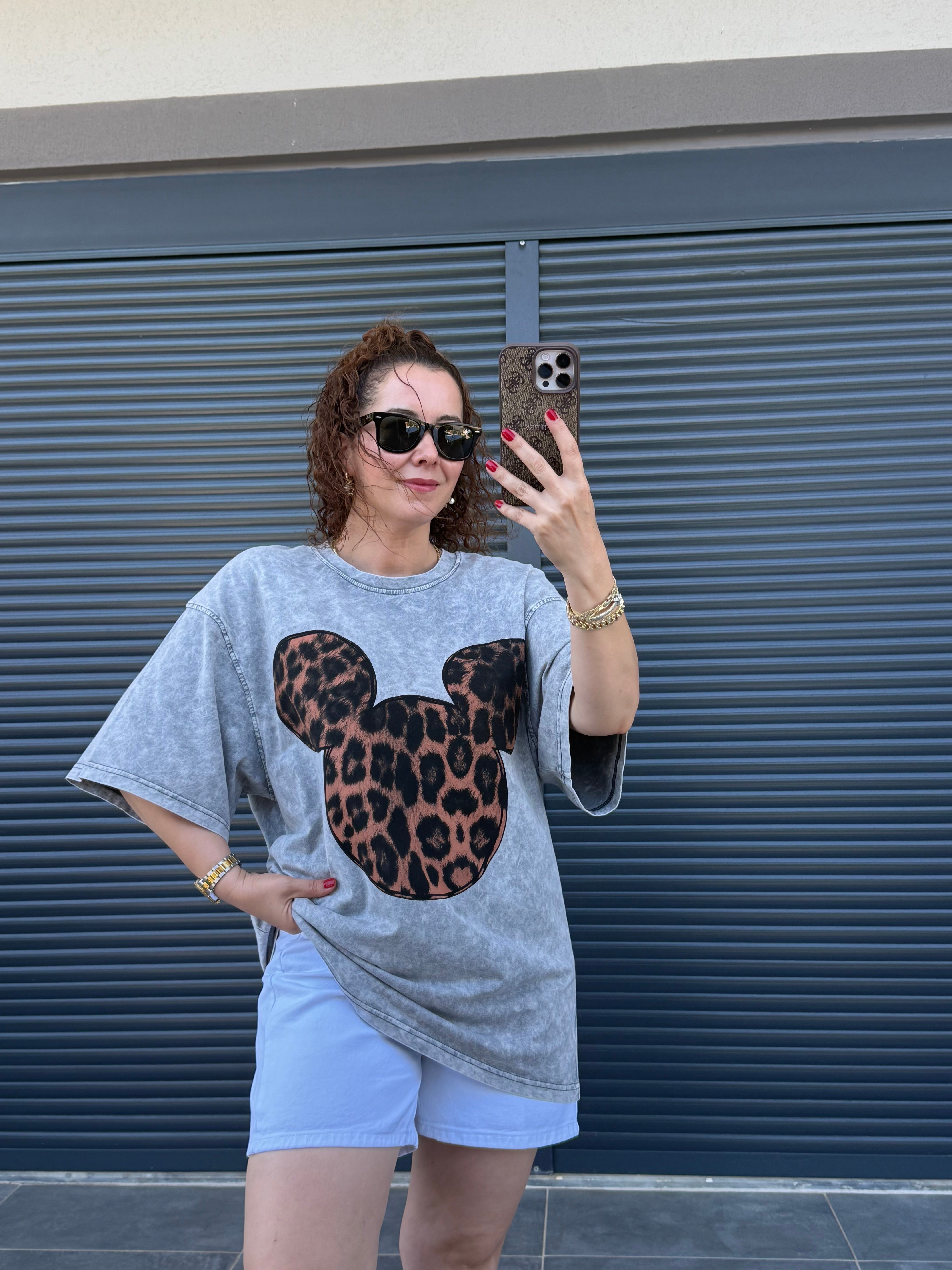 Mickey Leopar Eskitme Oversize T-shirt Gri