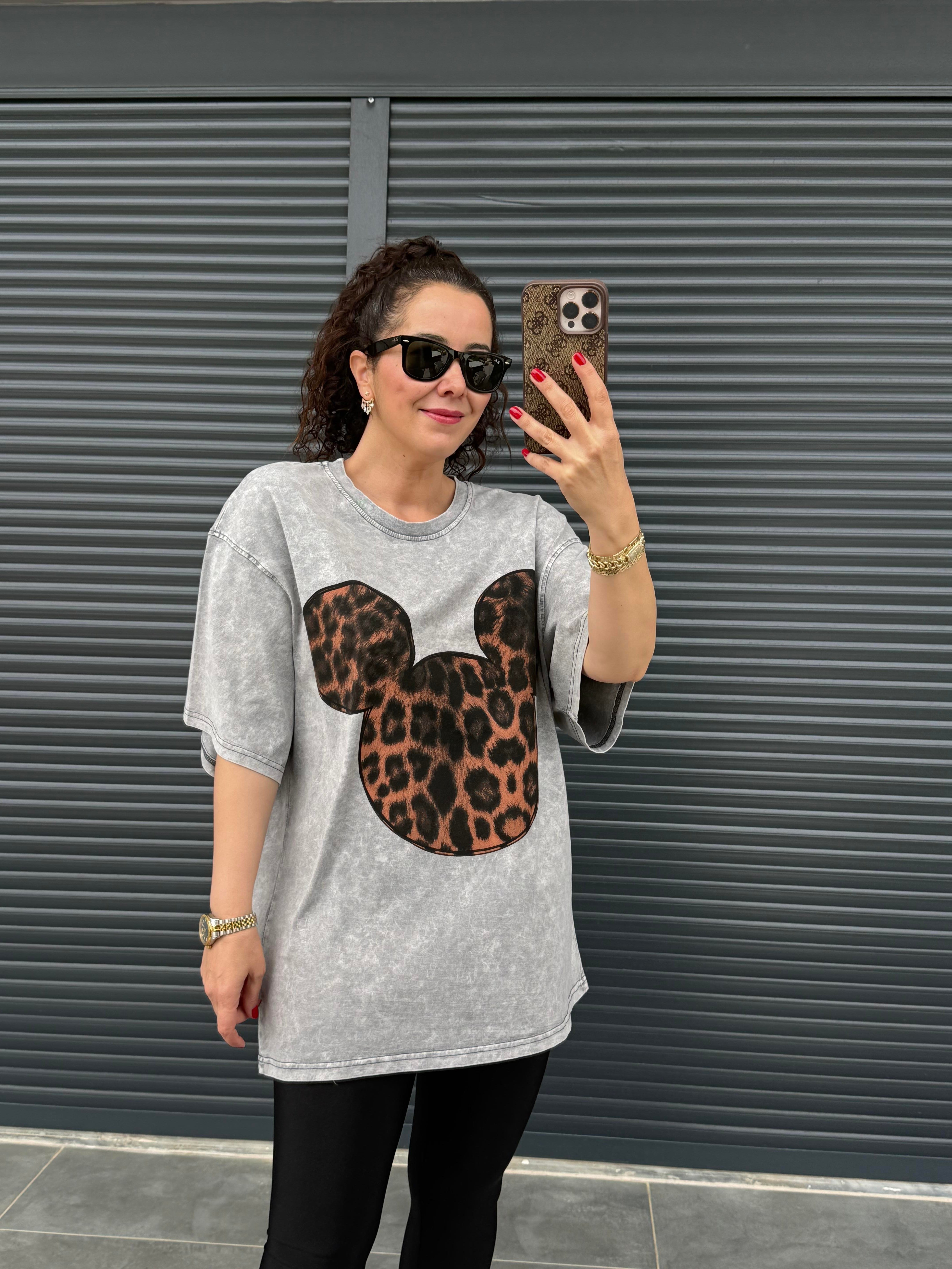 Mickey Leopar Eskitme Oversize T-shirt