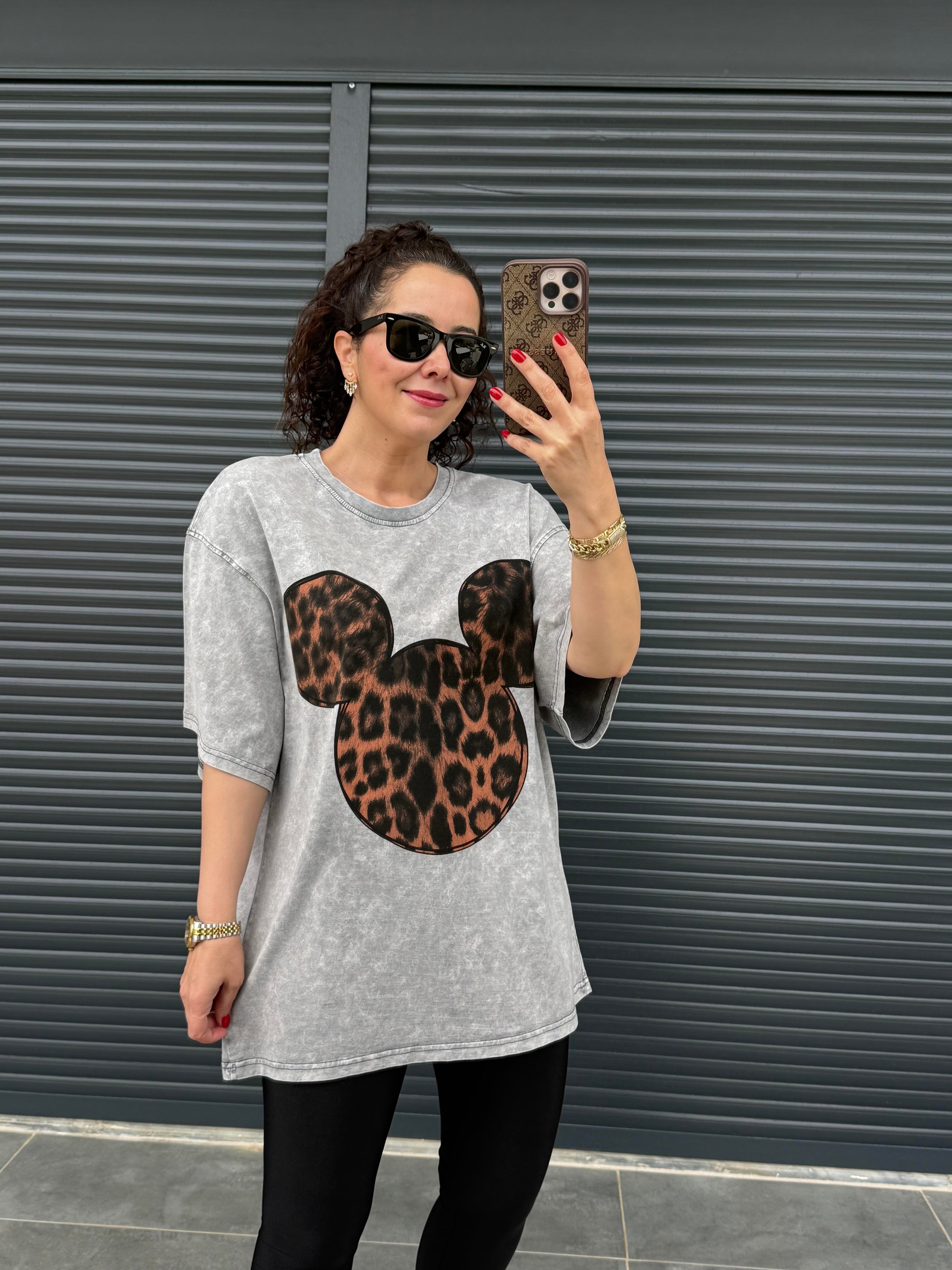 Mickey Leopar Eskitme Oversize T-shirt
