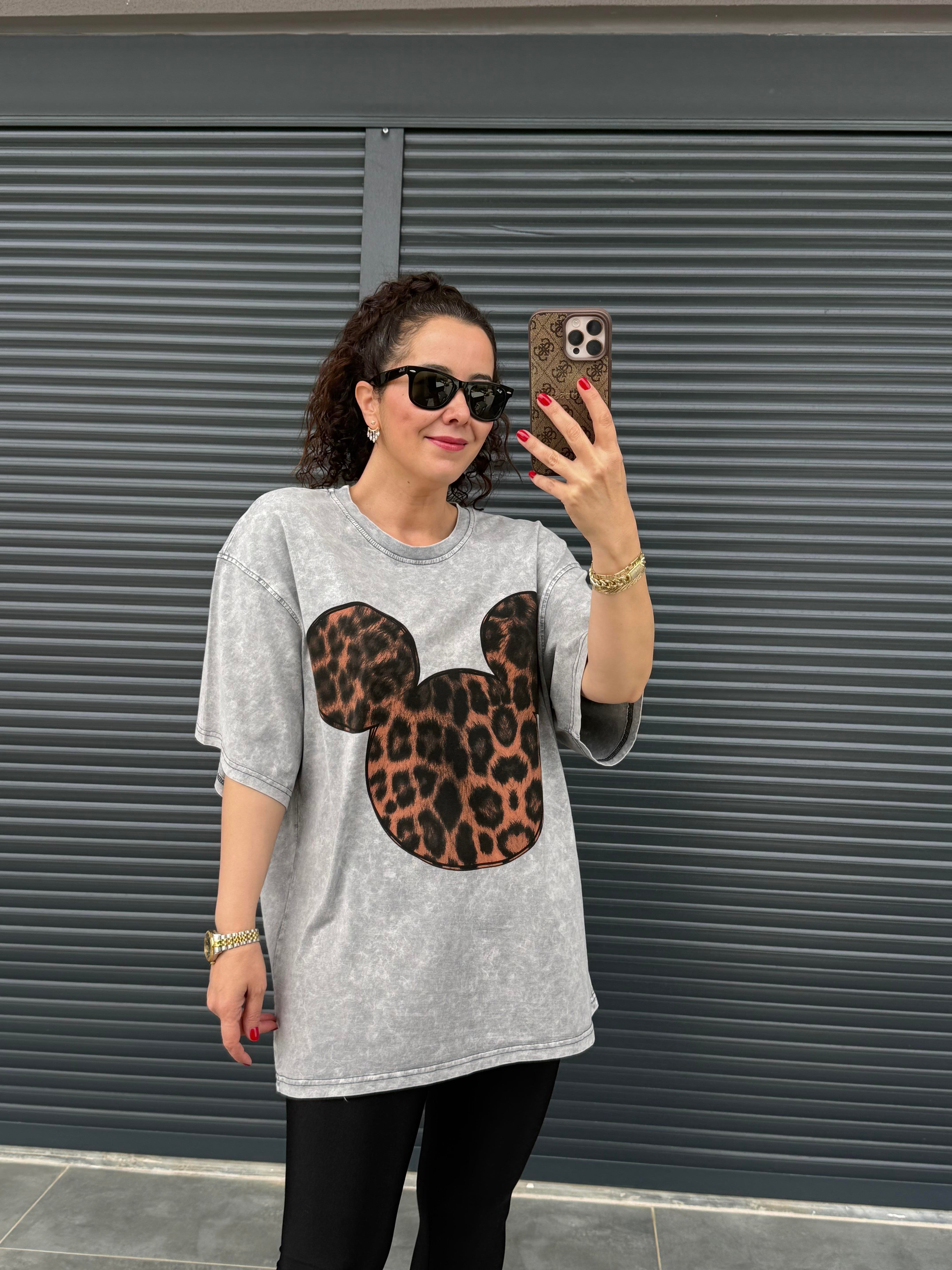 Mickey Leopar Eskitme Oversize T-shirt