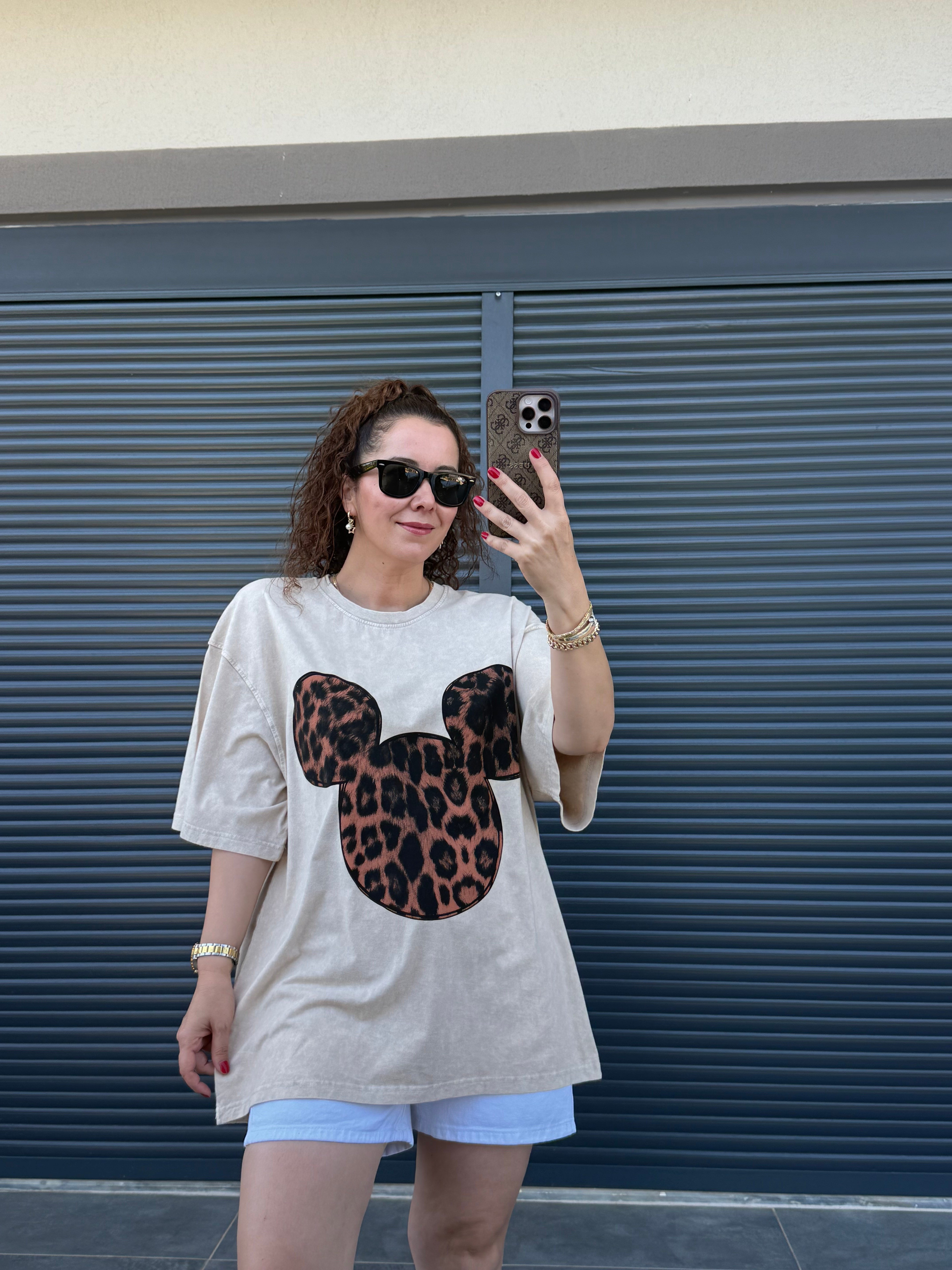 Mickey Leopar Eskitme Oversize T-shirt Bej
