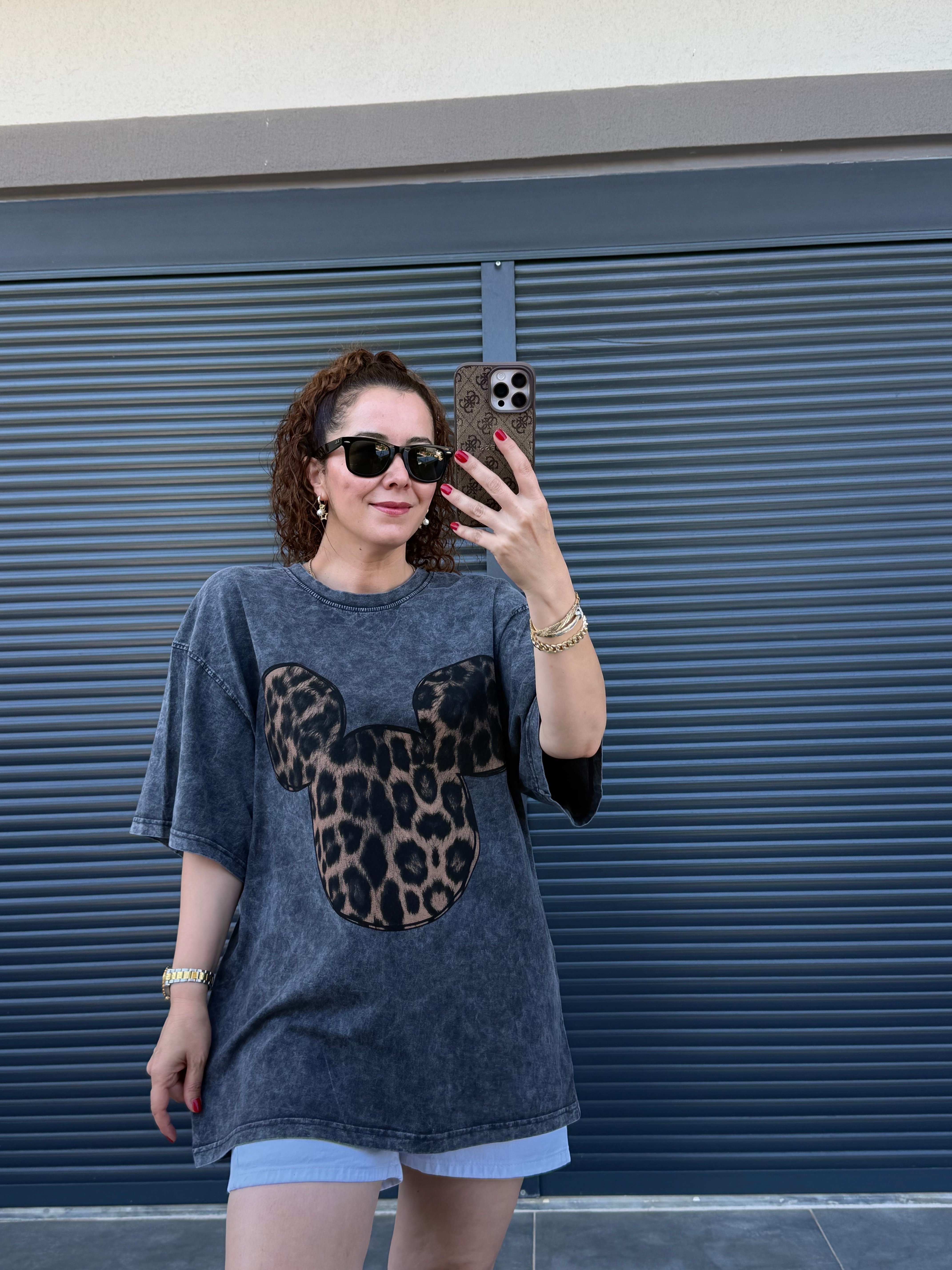 Mickey Leopar Eskitme Oversize T-shirt Antrasit