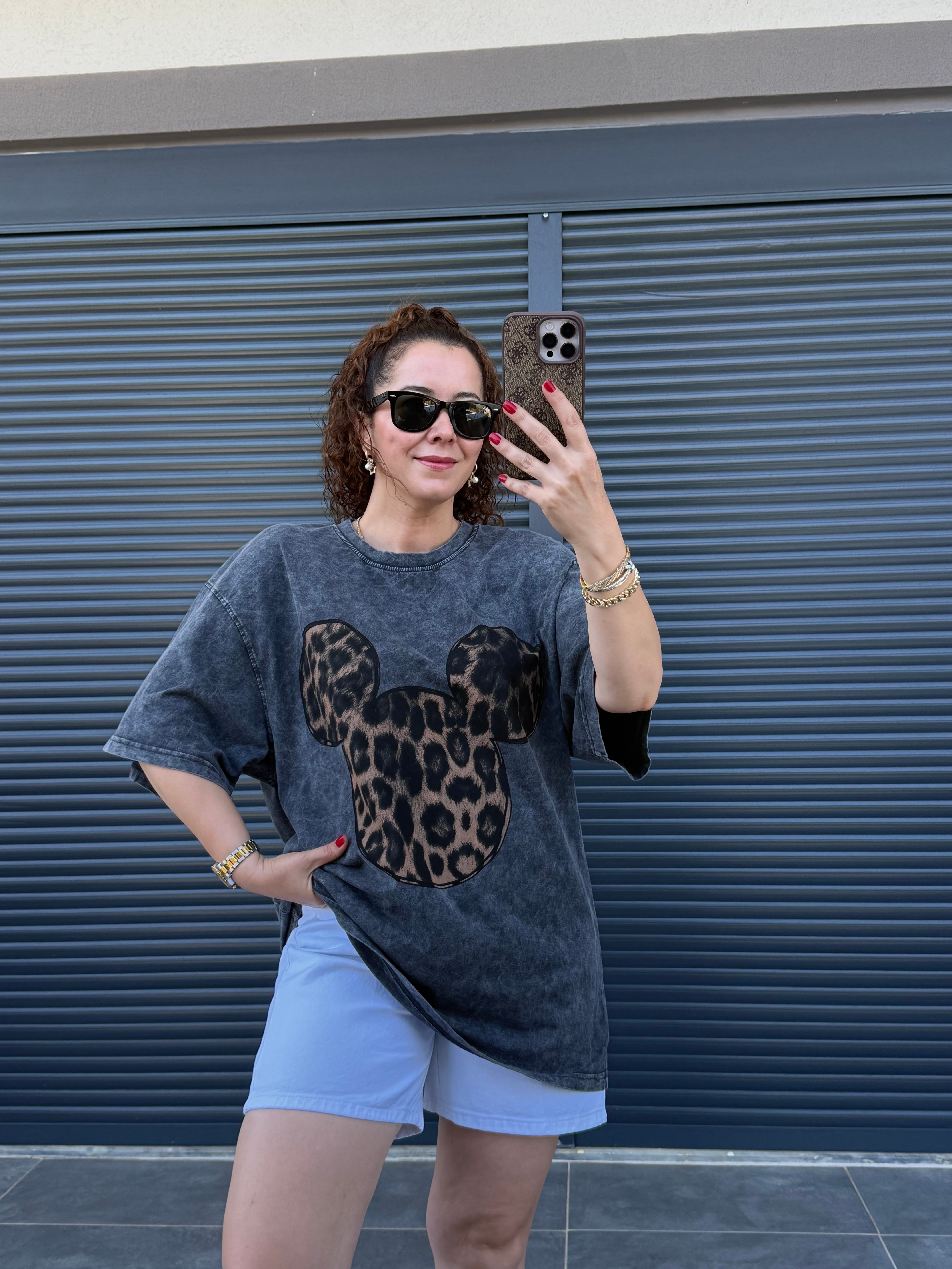 Mickey Leopar Eskitme Oversize T-shirt Antrasit