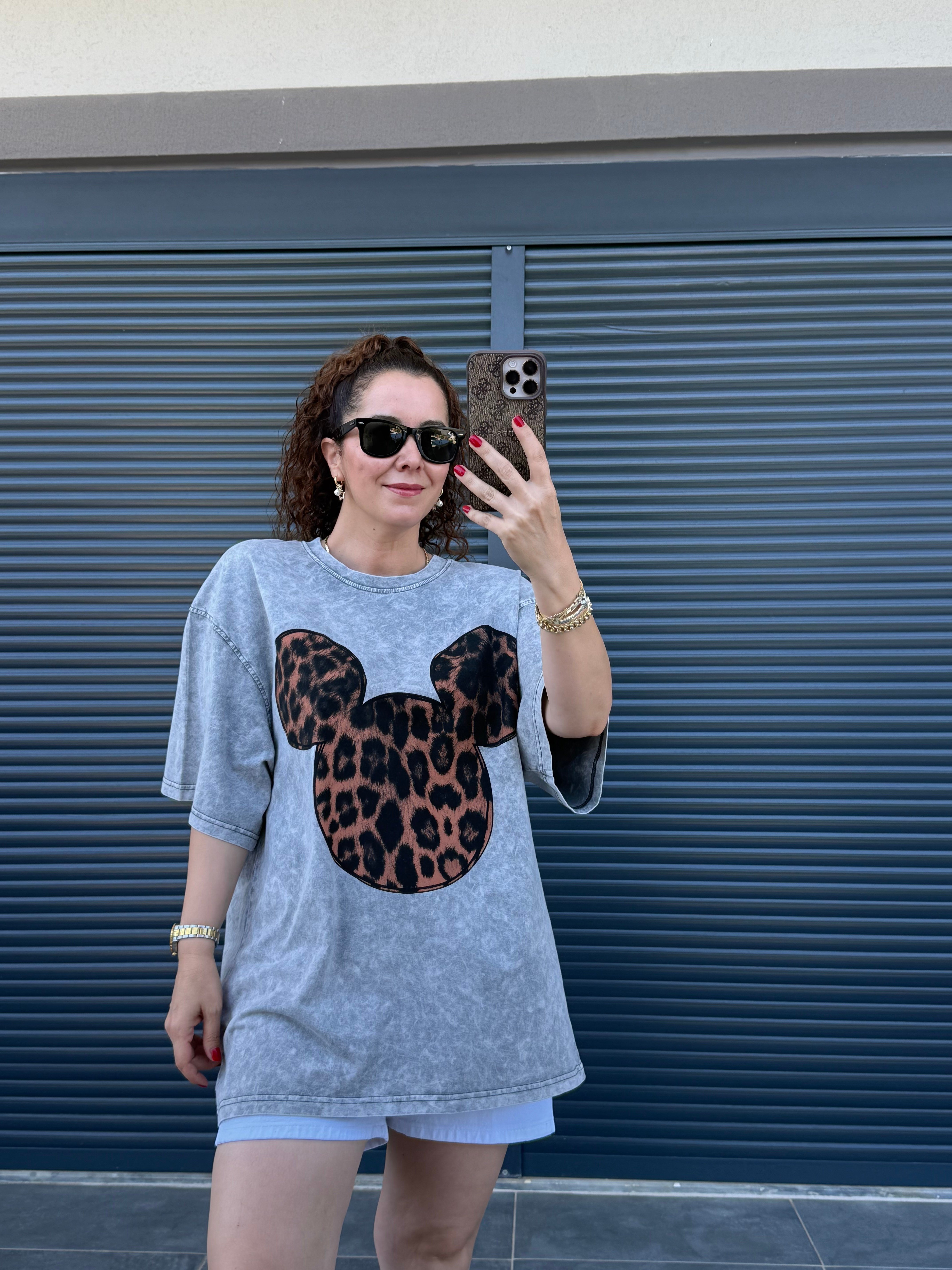 Mickey Leopar Eskitme Oversize T-shirt Gri