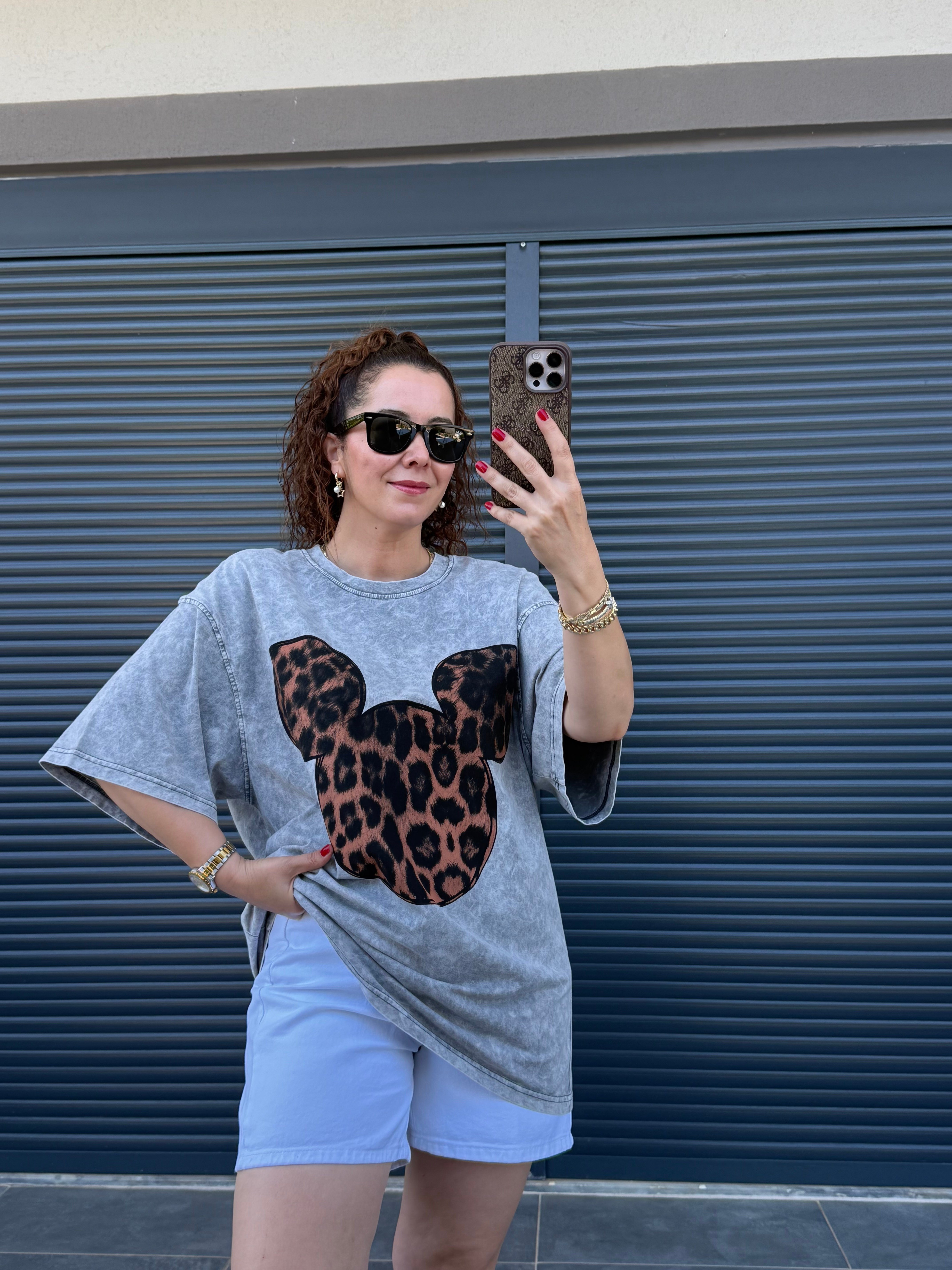 Mickey Leopar Eskitme Oversize T-shirt Gri