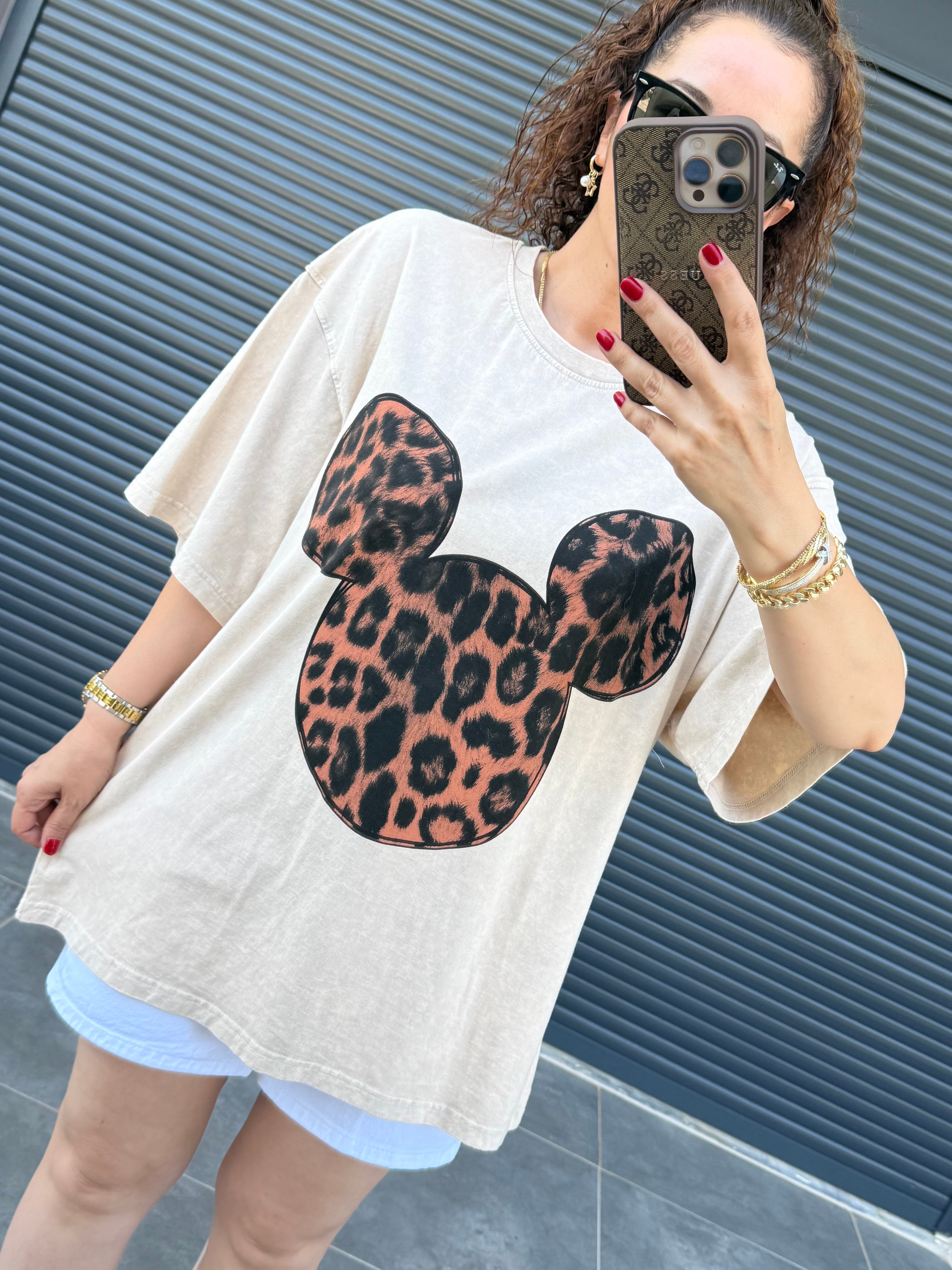Mickey Leopar Eskitme Oversize T-shirt Bej