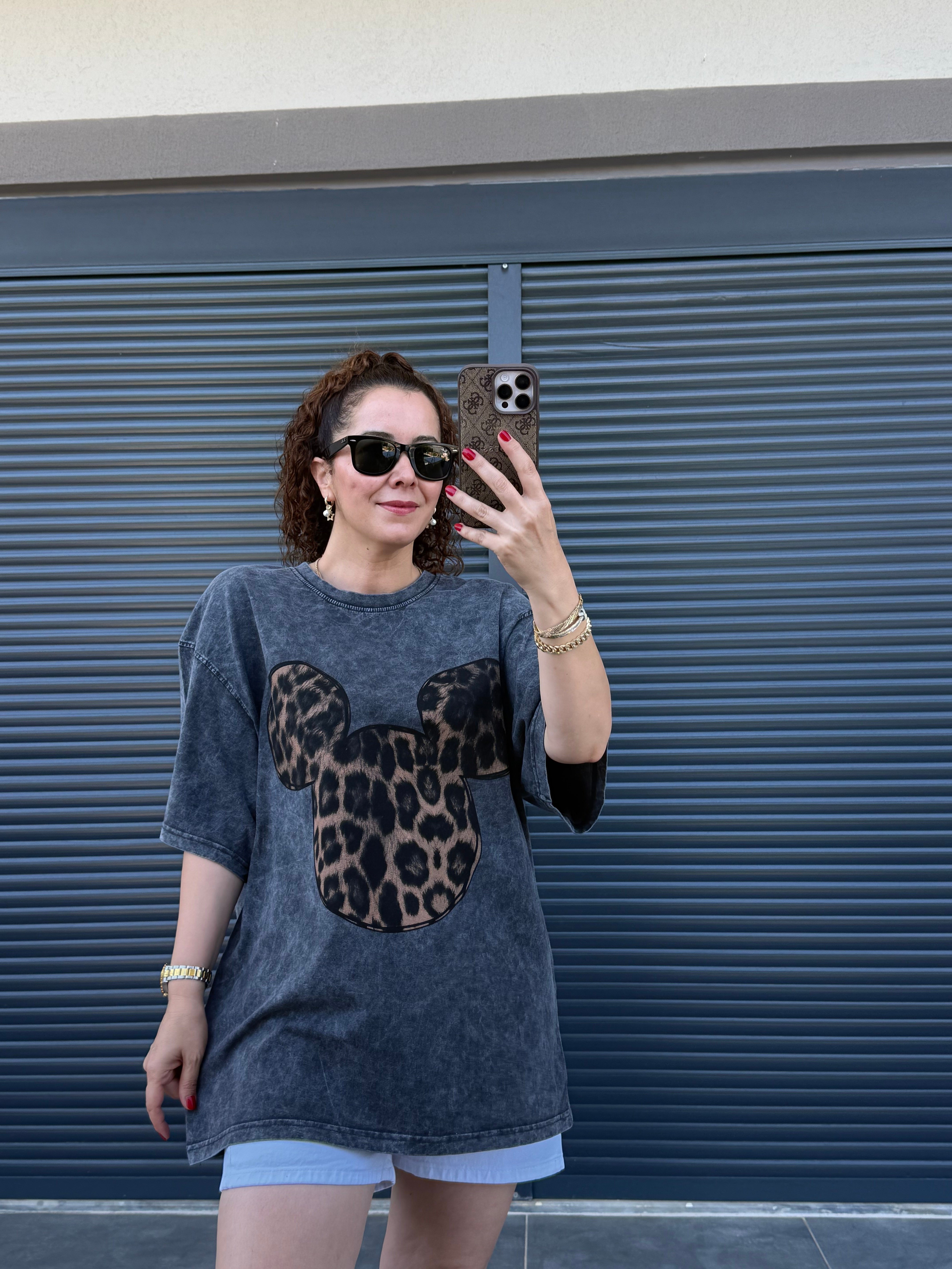 Mickey Leopar Eskitme Oversize T-shirt Antrasit