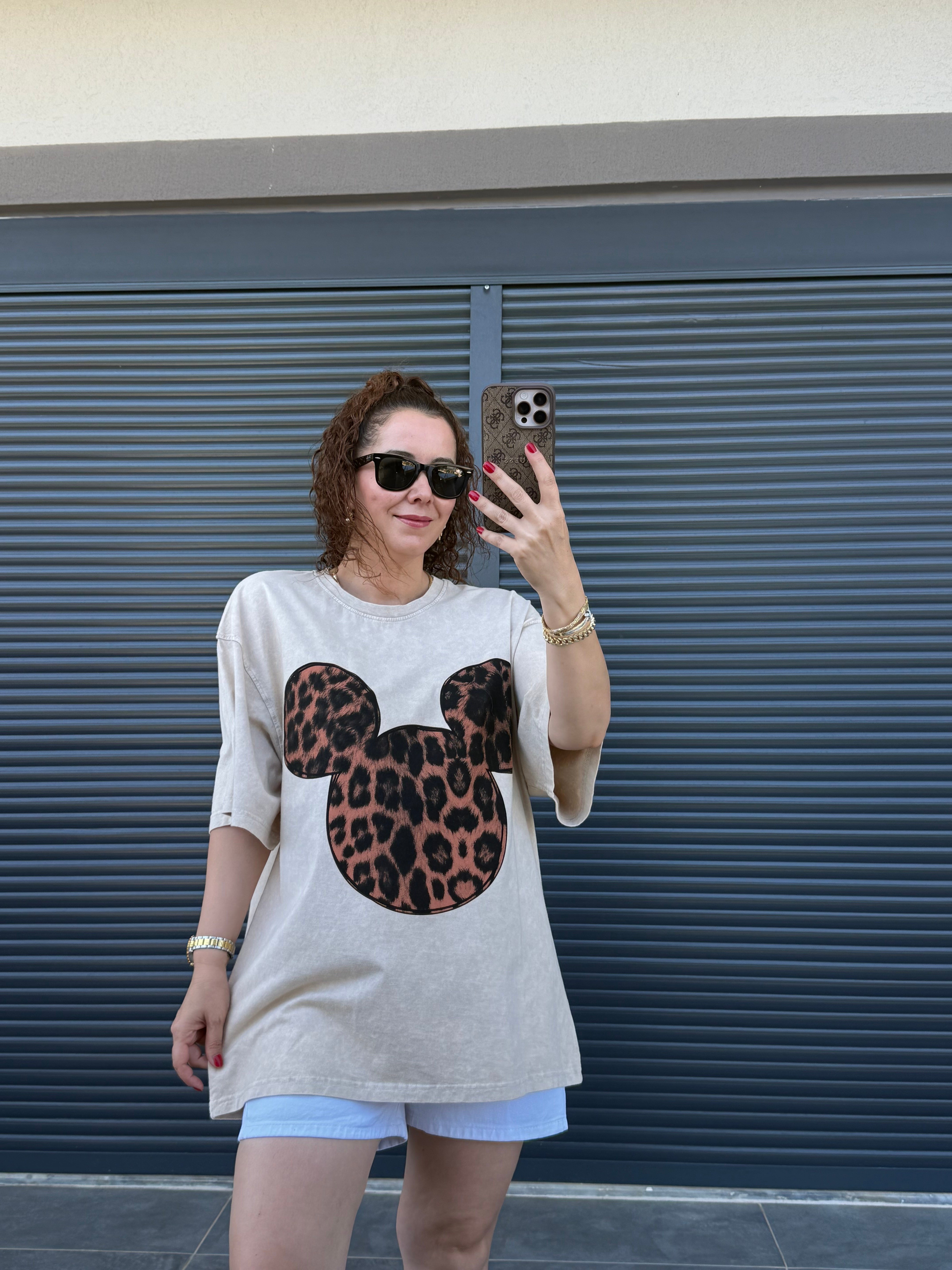 Mickey Leopar Eskitme Oversize T-shirt Bej