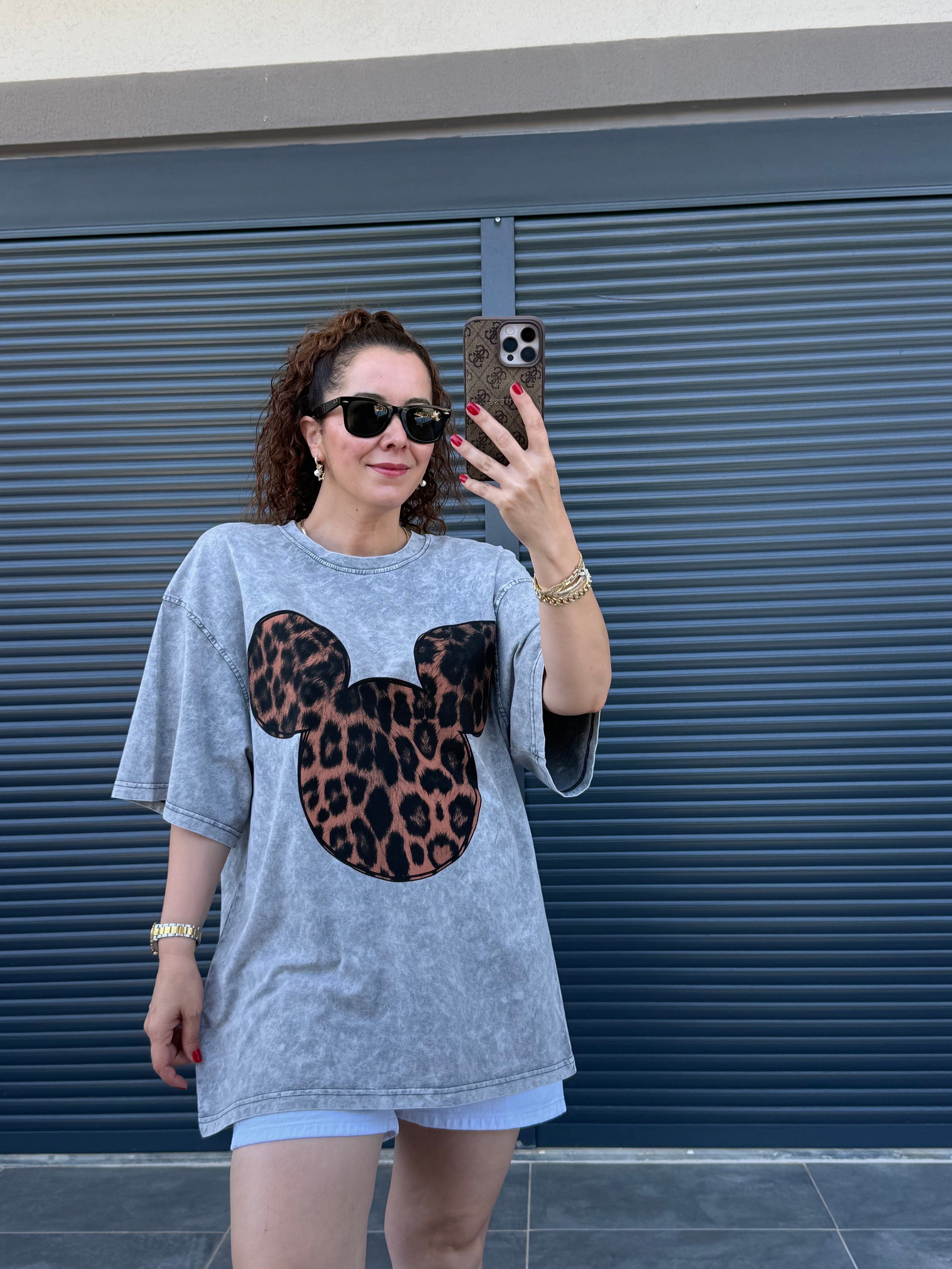 Mickey Leopar Eskitme Oversize T-shirt Gri