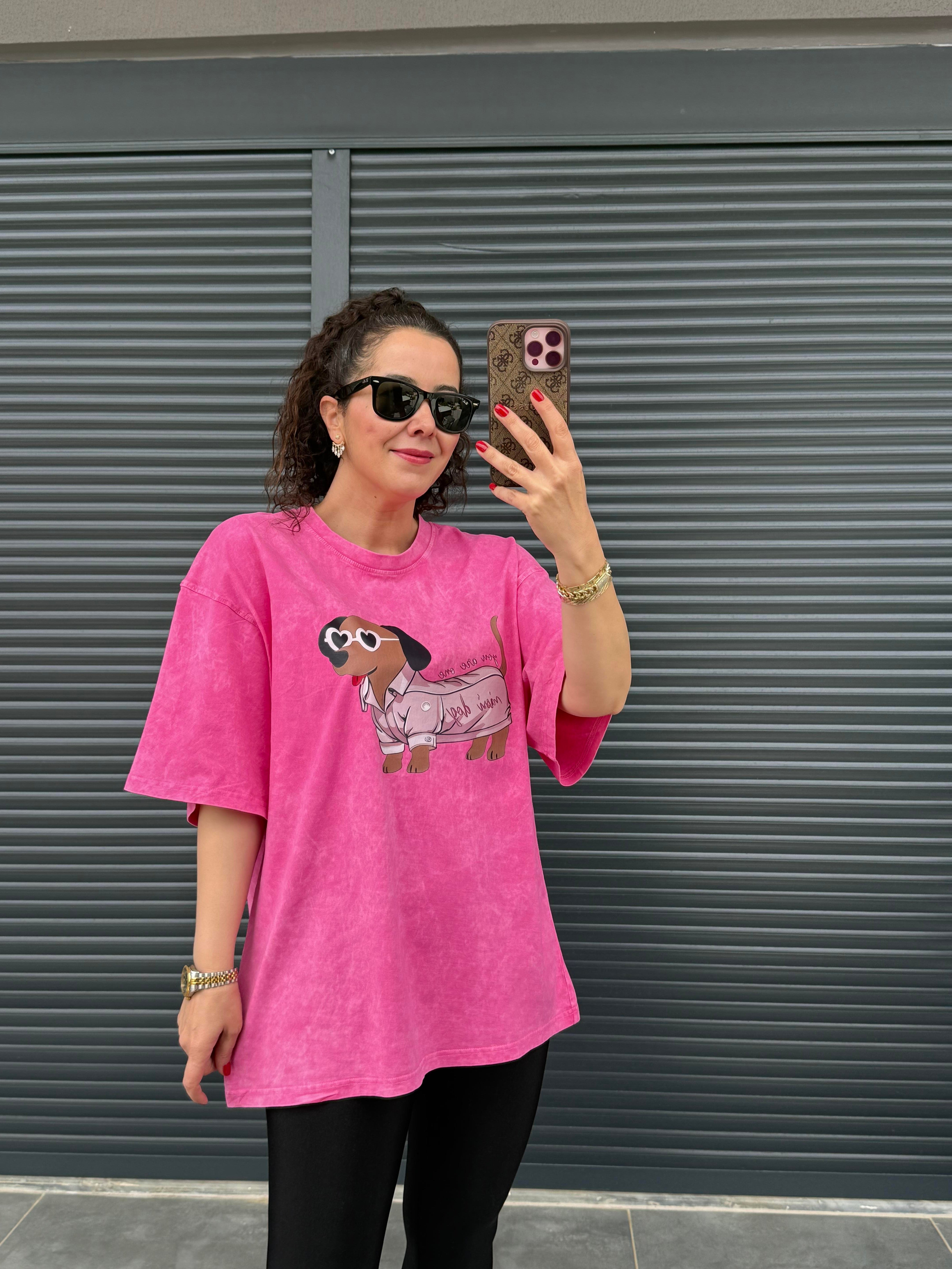 Mini Dog Eskitme Oversize T-shirt Pembe