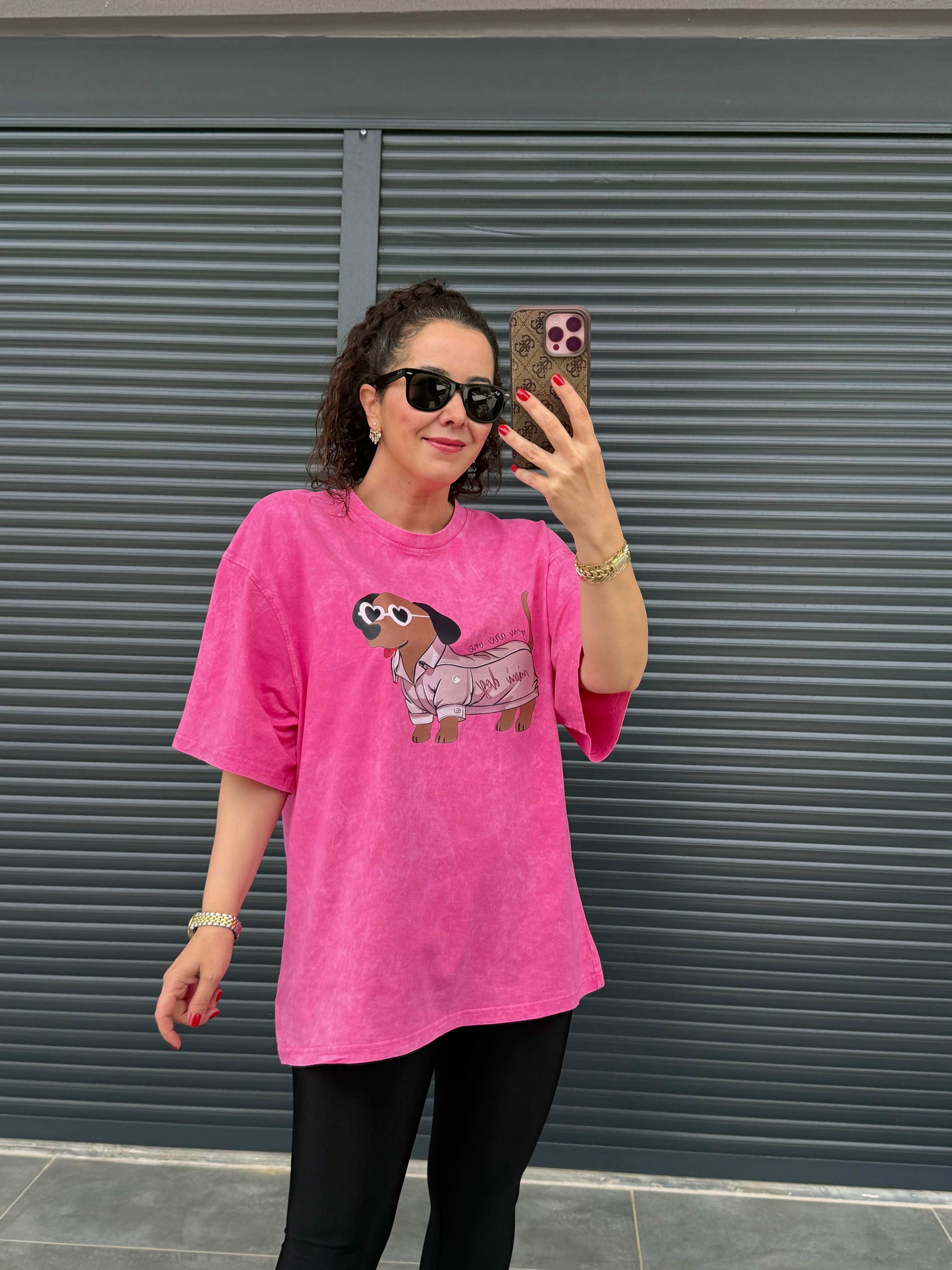 Mini Dog Eskitme Oversize T-shirt Pembe
