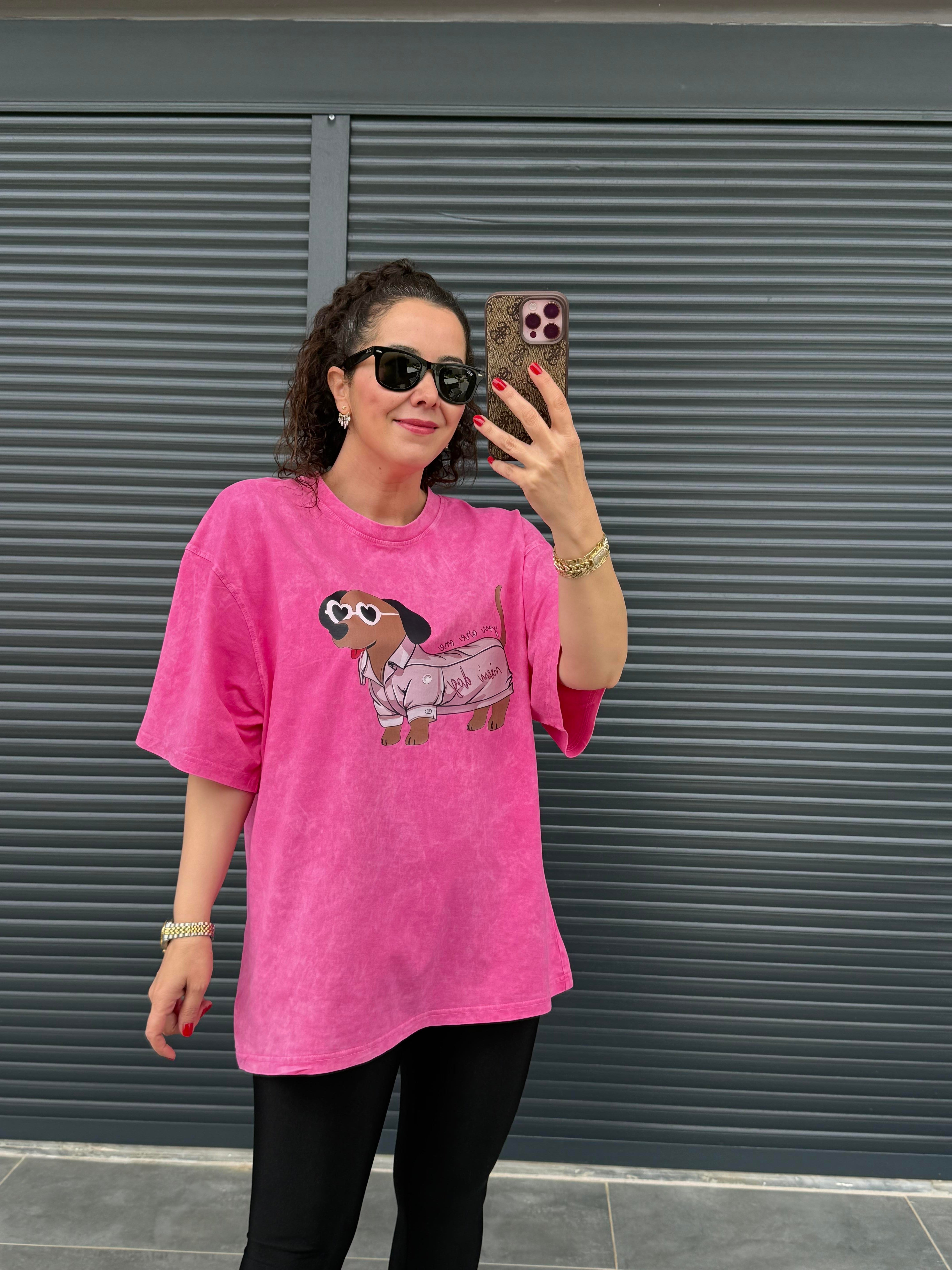 Mini Dog Eskitme Oversize T-shirt Pembe