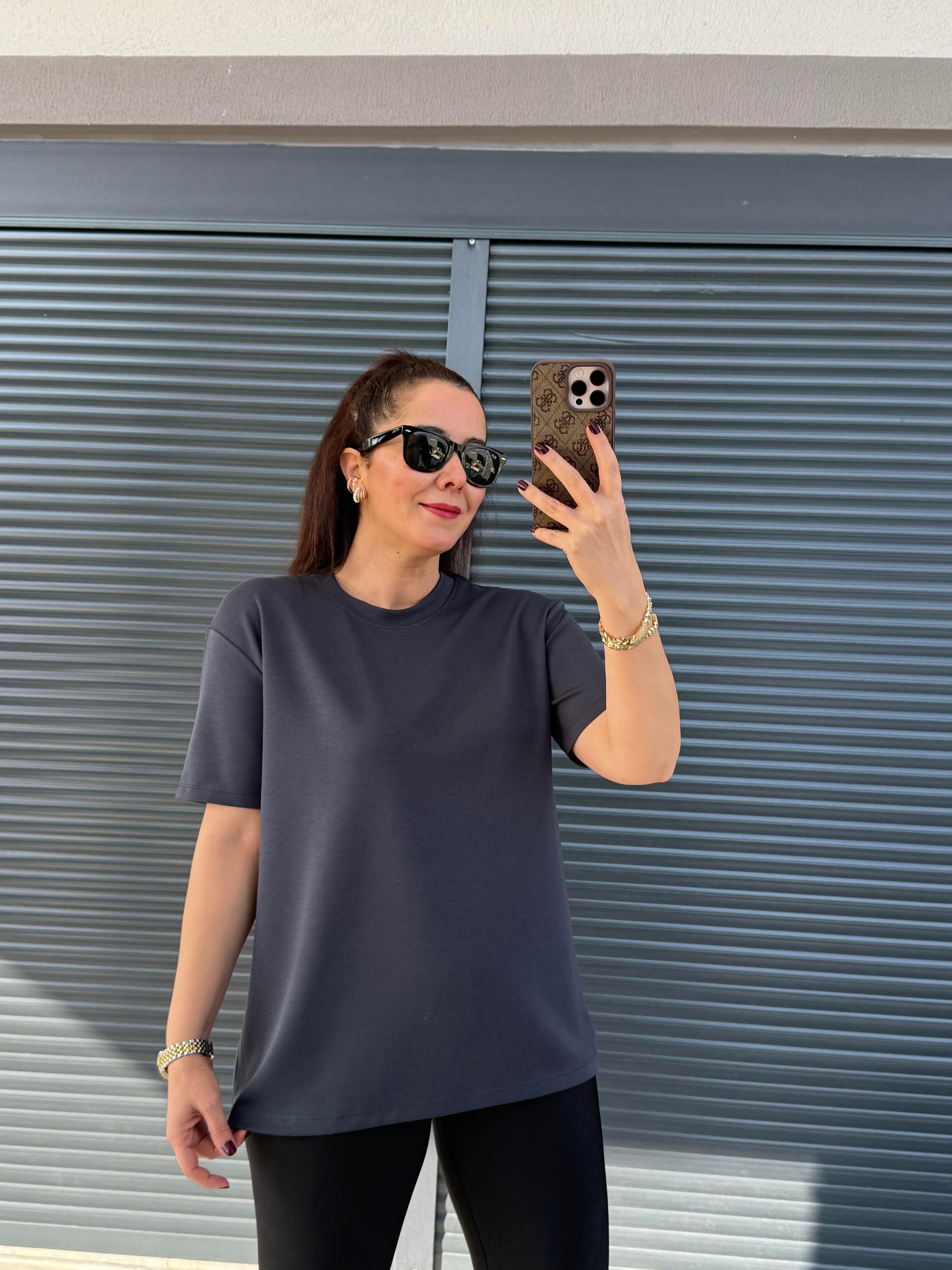 Modal Kumaş Bisiklet Yaka Basic T-Shirt Antrasit