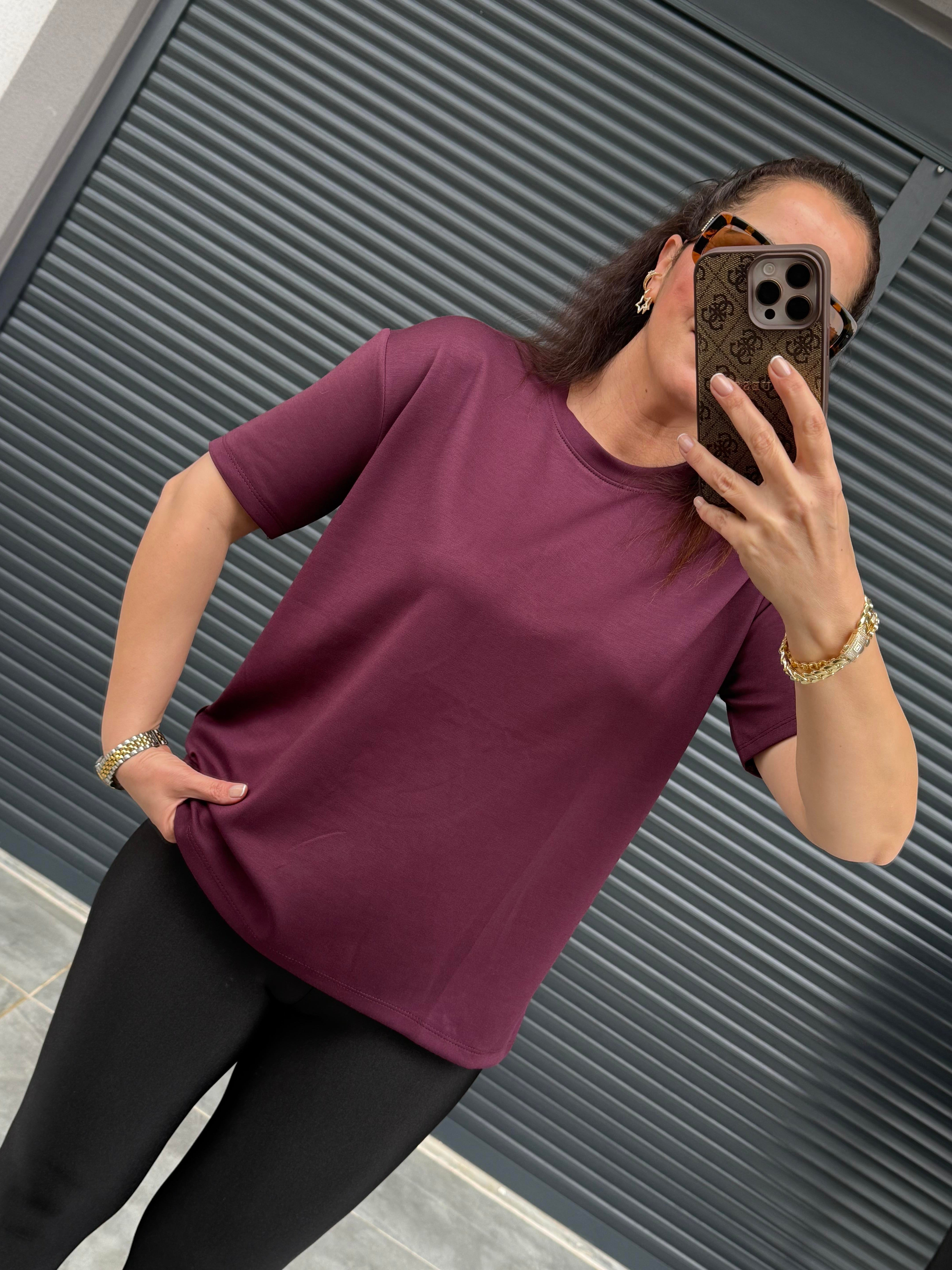 Modal Kumaş Bisiklet Yaka Basic T-Shirt Mürdüm