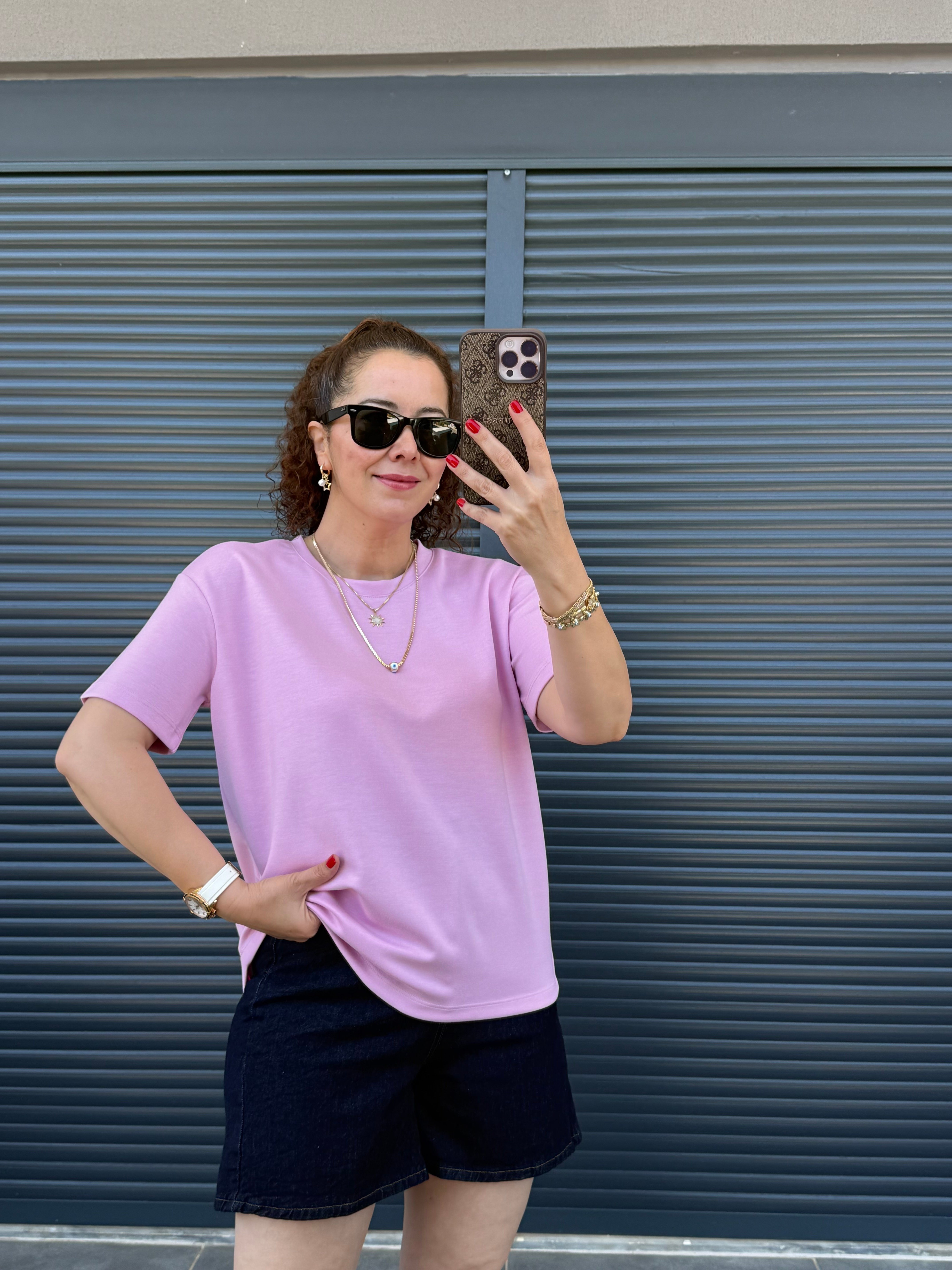 Modal Kumaş Bisiklet Yaka Basic T-Shirt Pembe