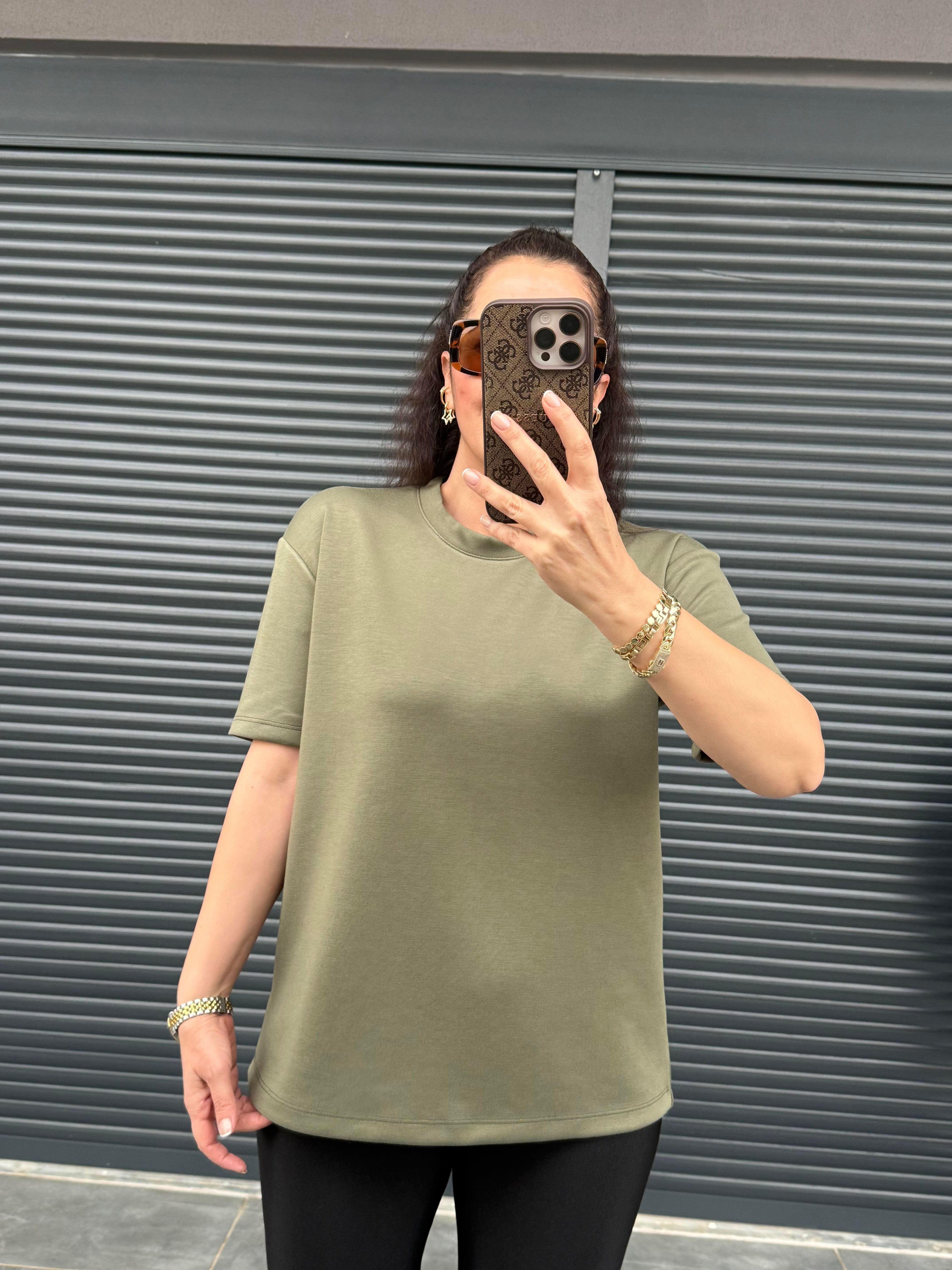 Modal Kumaş Bisiklet Yaka Basic T-Shirt Haki