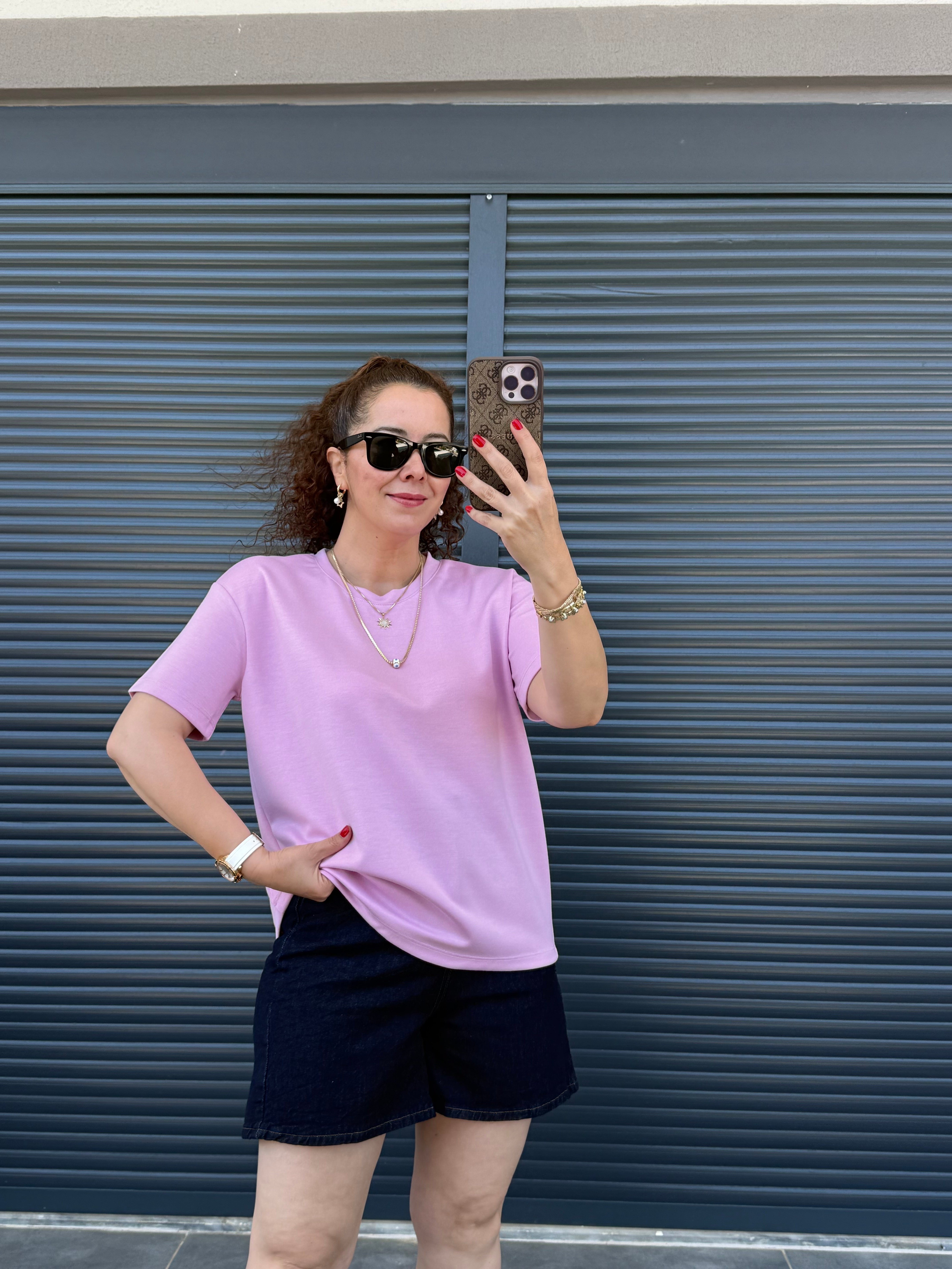 Modal Kumaş Bisiklet Yaka Basic T-Shirt Pembe