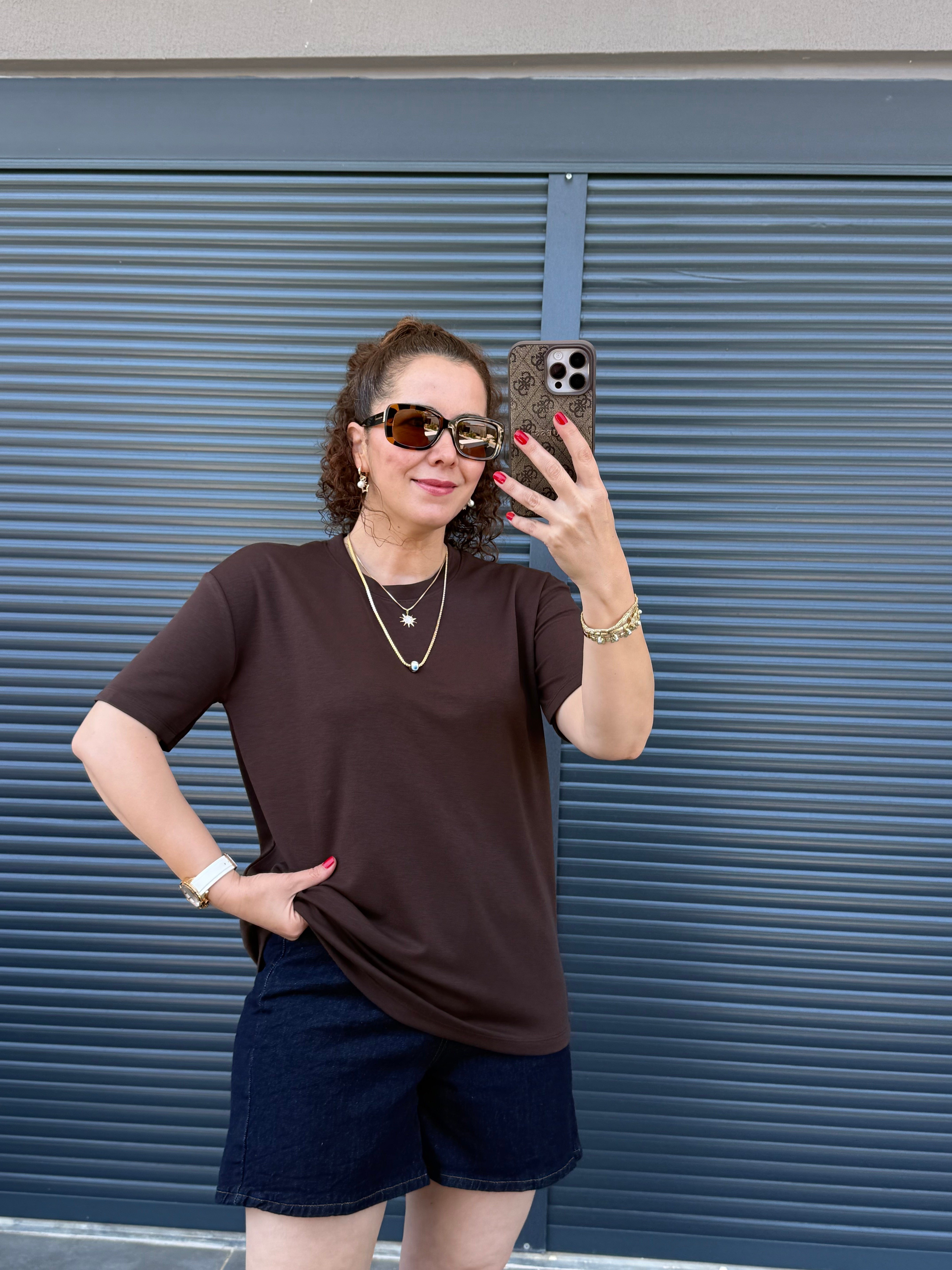 Modal Kumaş Bisiklet Yaka Basic T-Shirt Acı Kahve