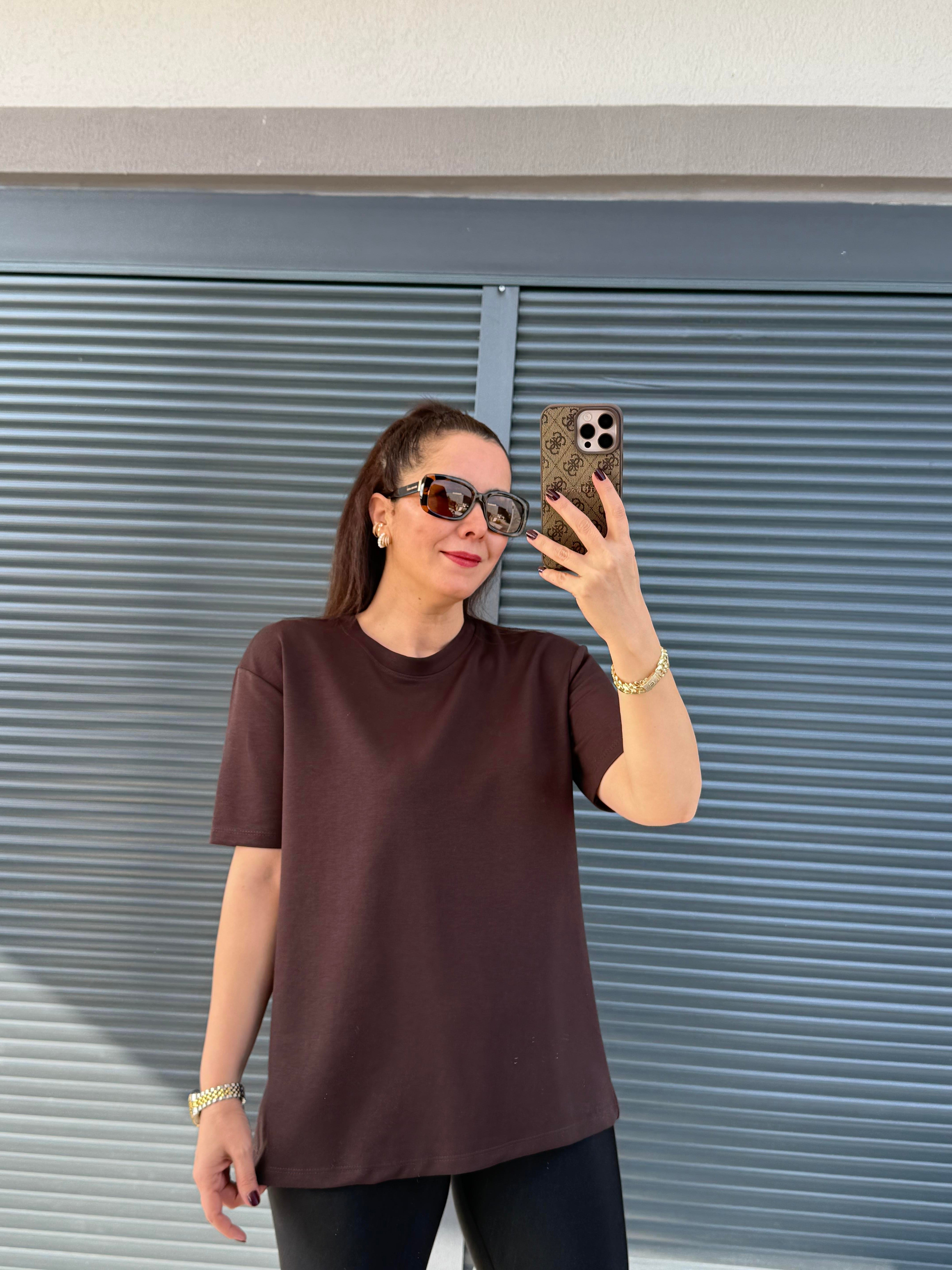 Modal Kumaş Bisiklet Yaka Basic T-Shirt Acı Kahve