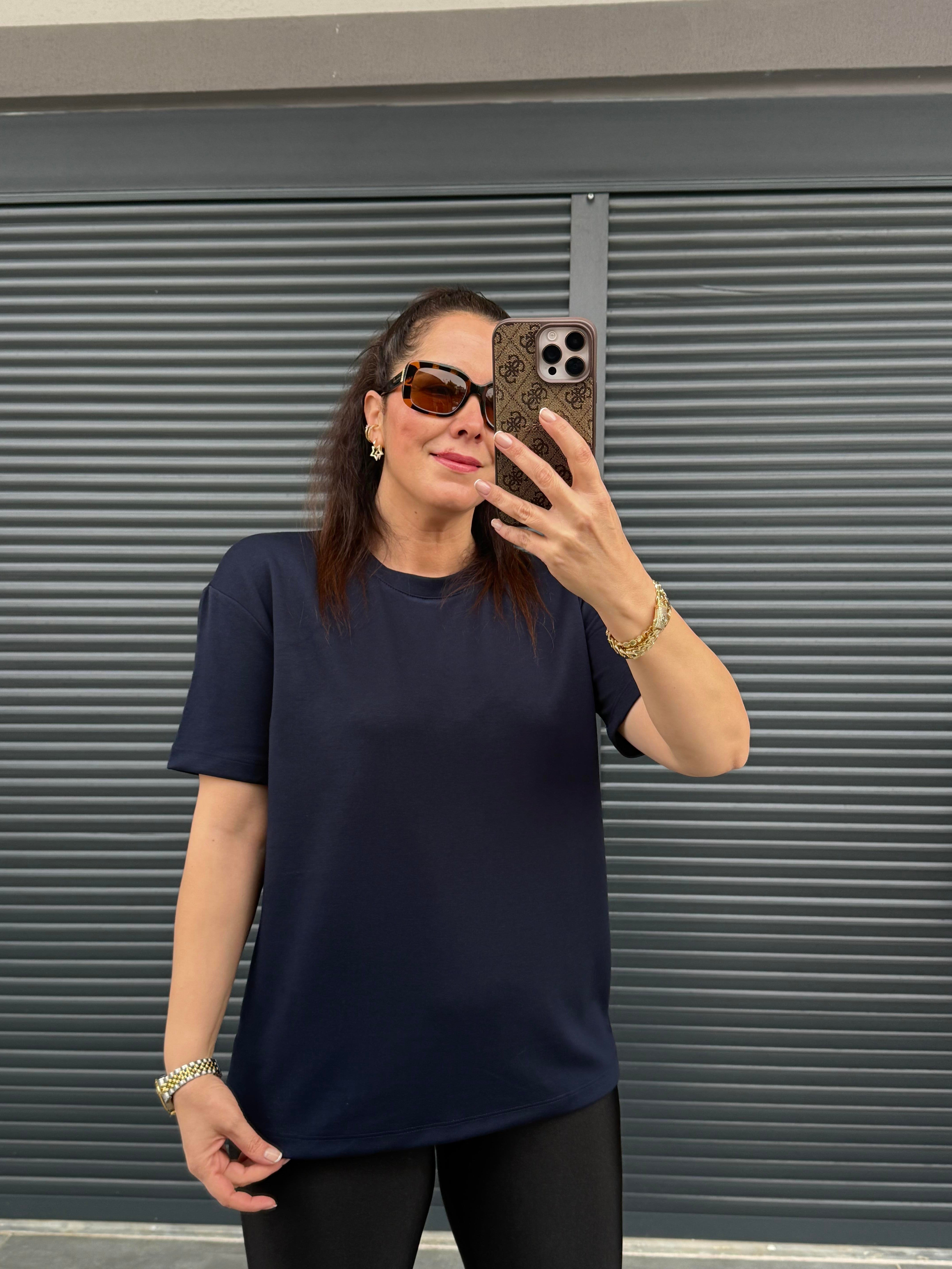 Modal Kumaş Bisiklet Yaka Basic T-Shirt Lacivert