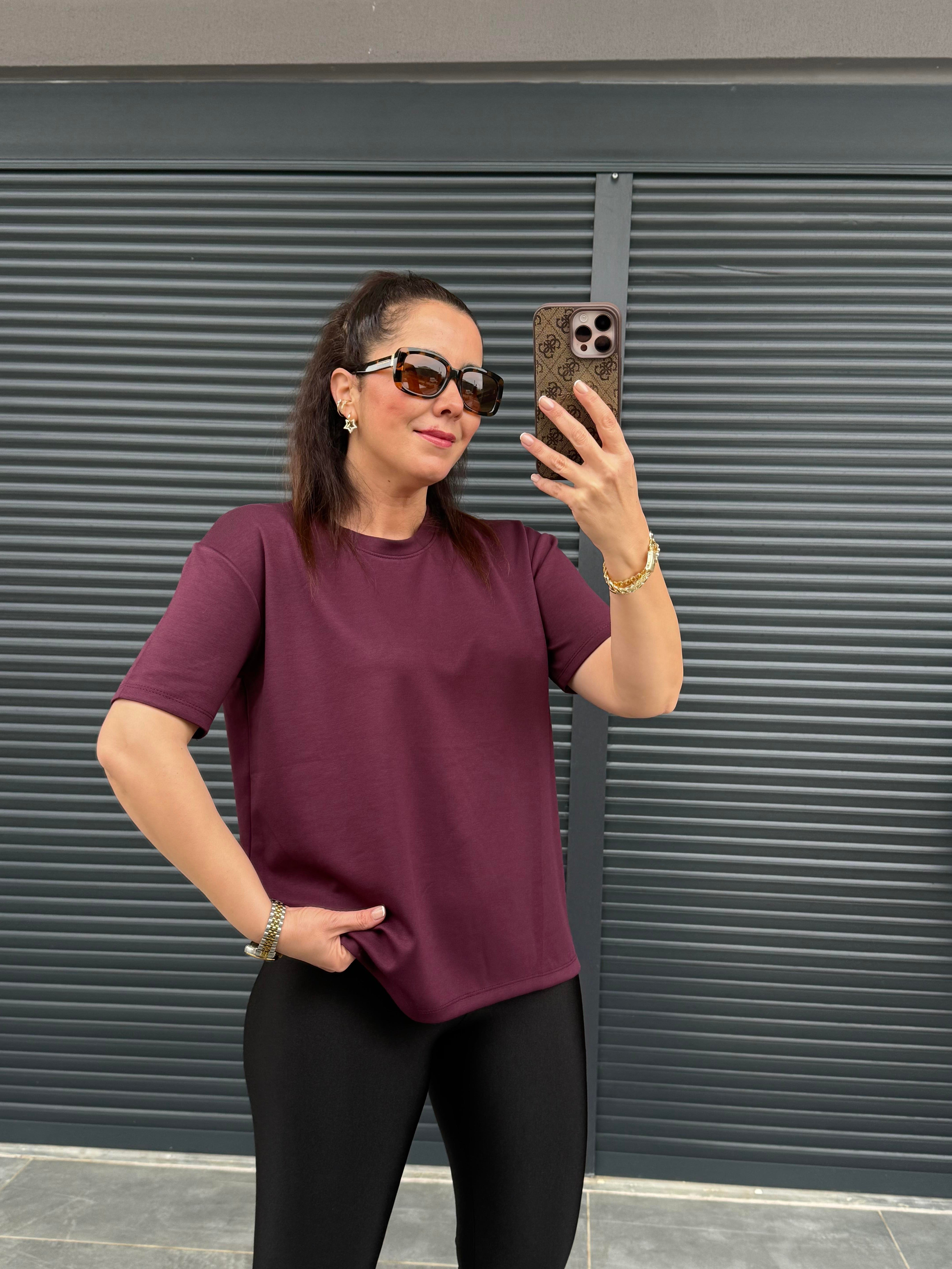 Modal Kumaş Bisiklet Yaka Basic T-Shirt Mürdüm