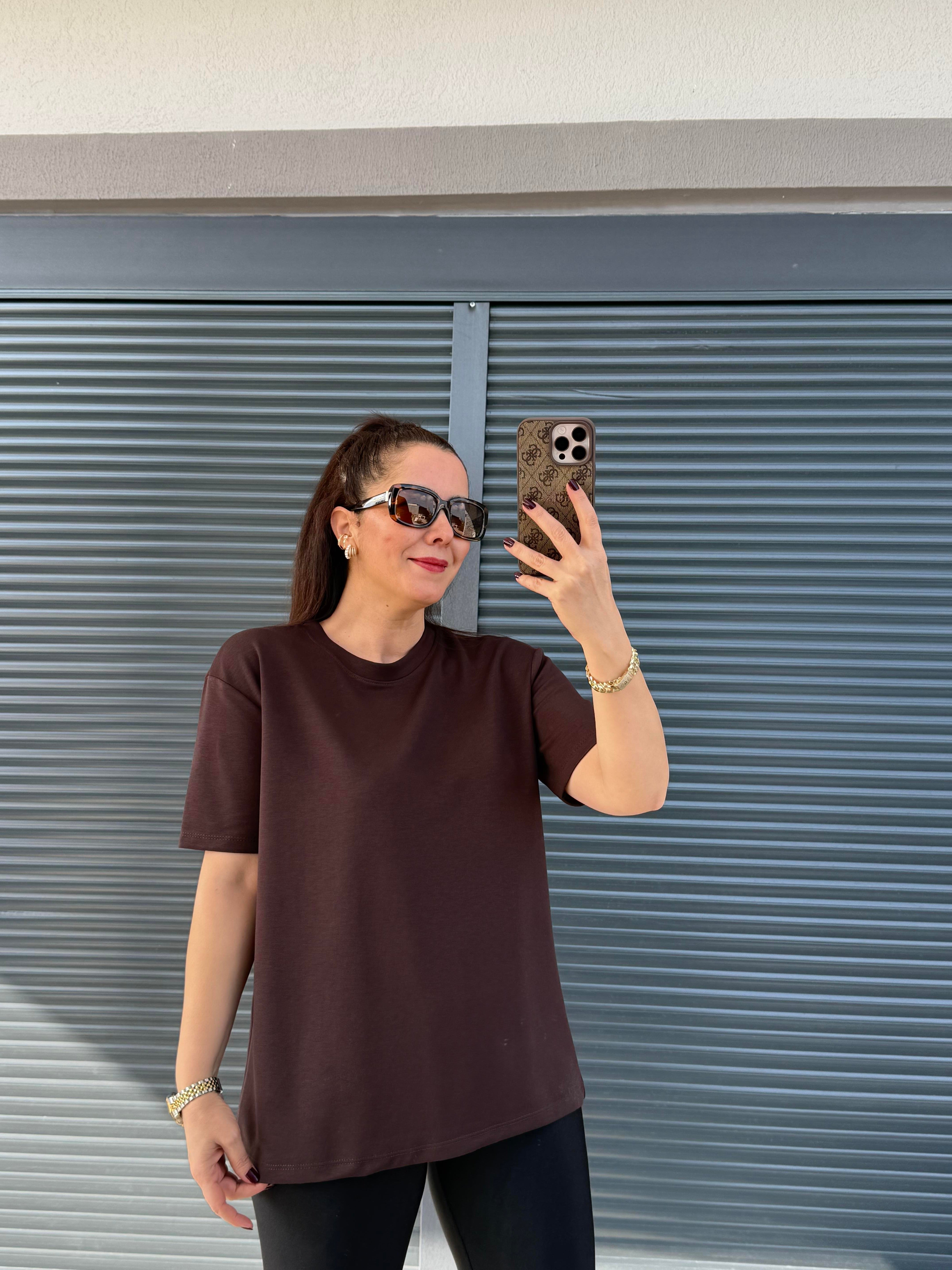 Modal Kumaş Bisiklet Yaka Basic T-Shirt Acı Kahve