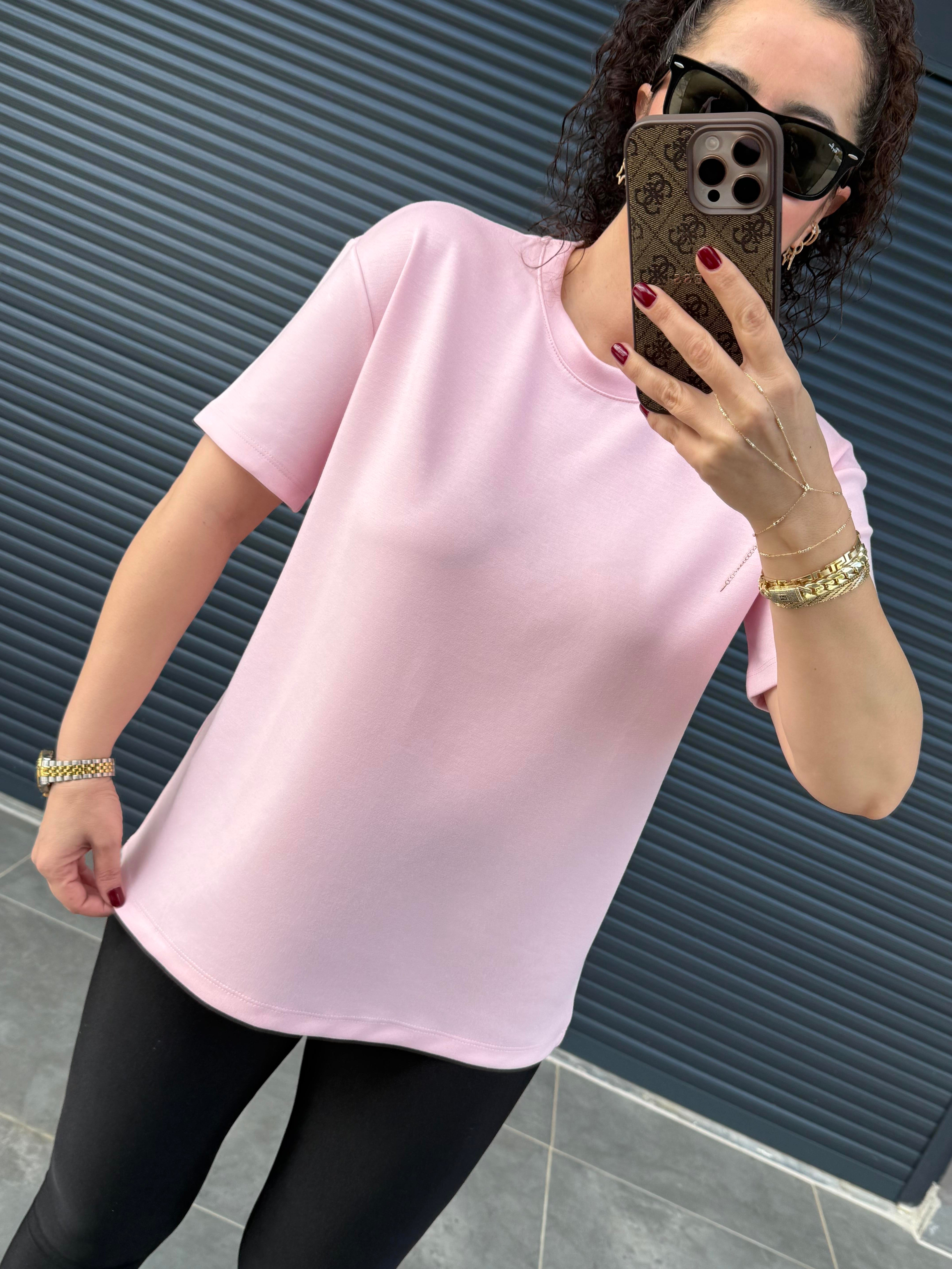 Modal Kumaş Bisiklet Yaka Basic T-Shirt Pembe