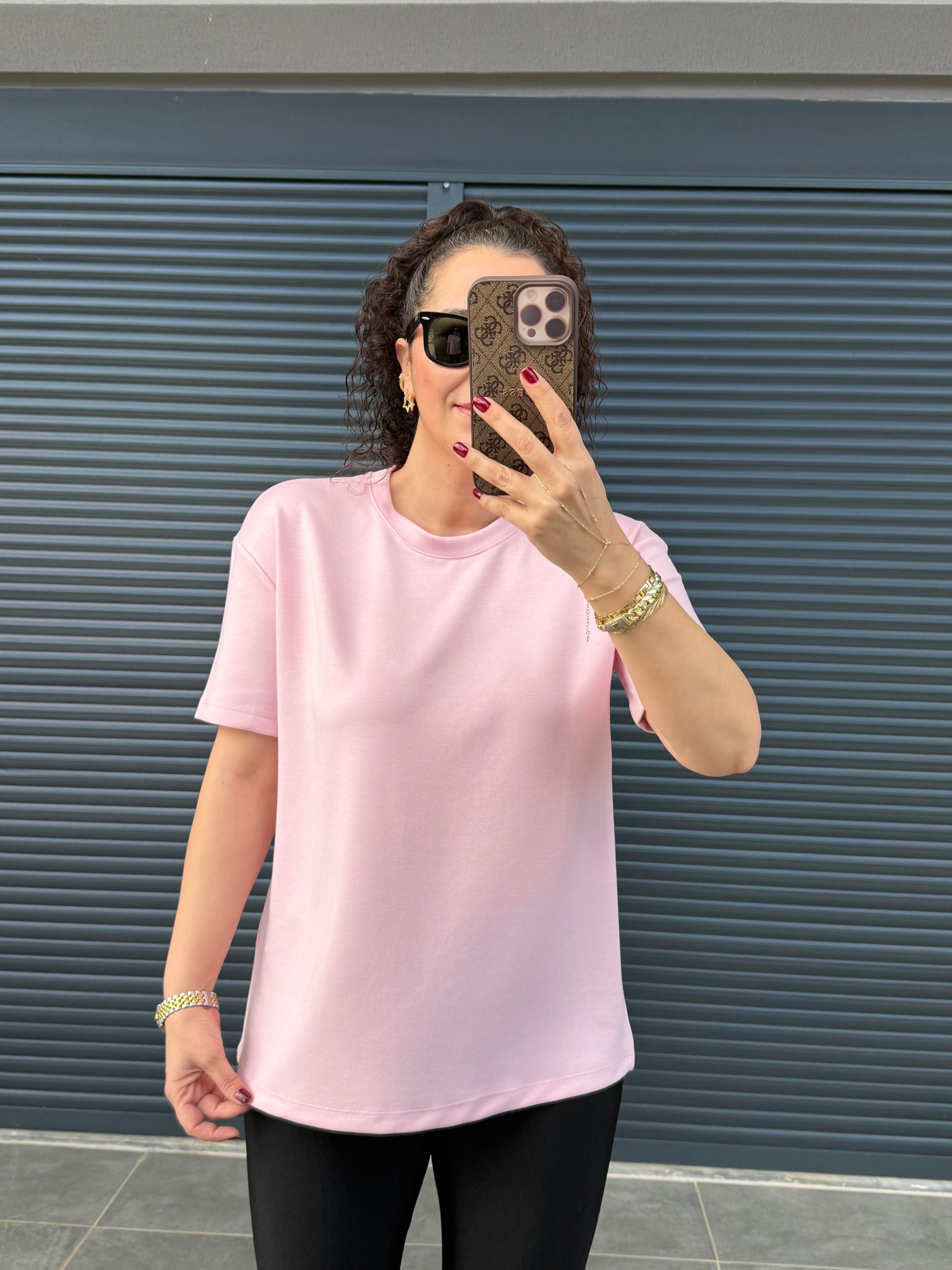 Modal Kumaş Bisiklet Yaka Basic T-Shirt Pembe