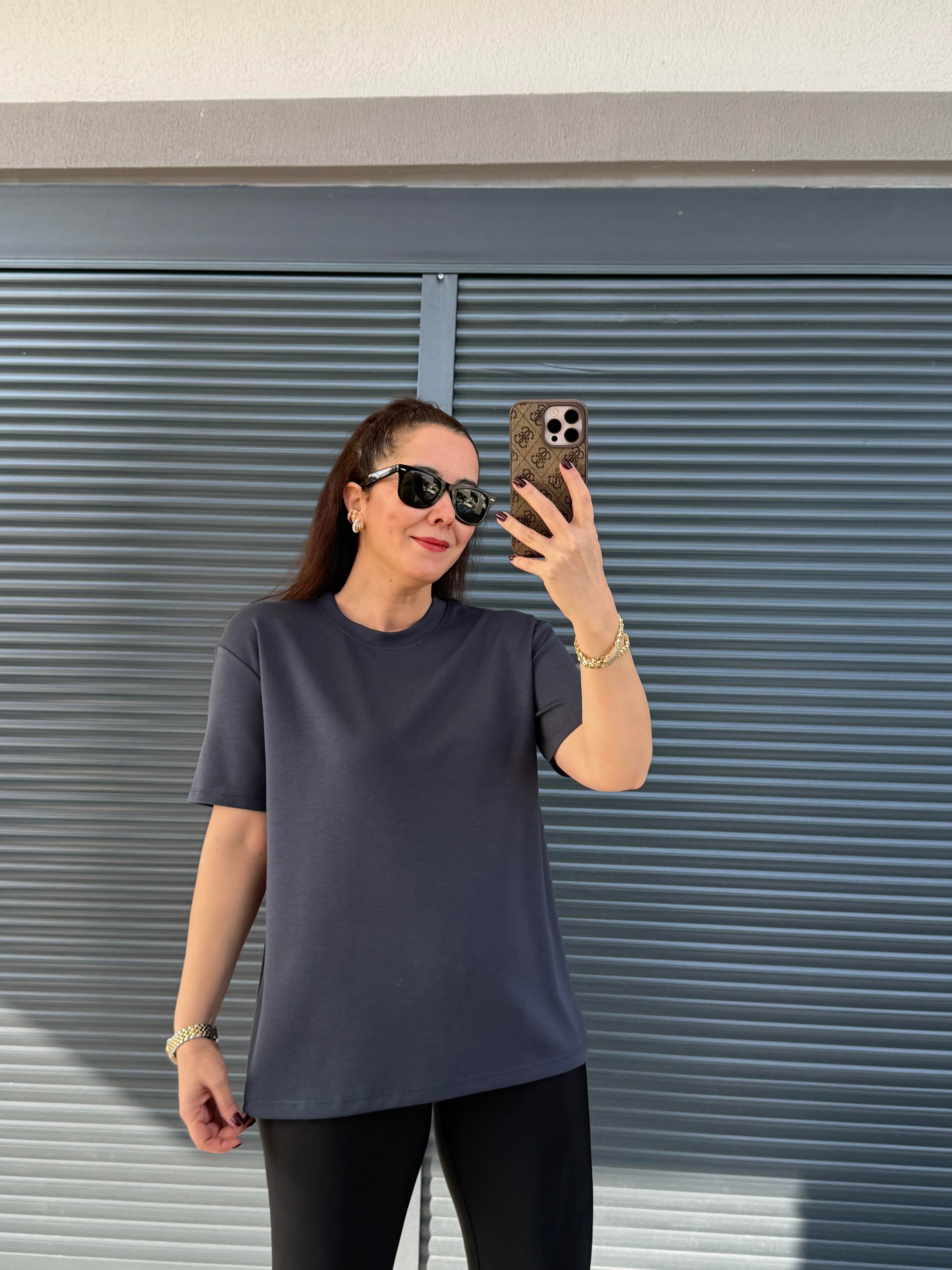 Modal Kumaş Bisiklet Yaka Basic T-Shirt Antrasit