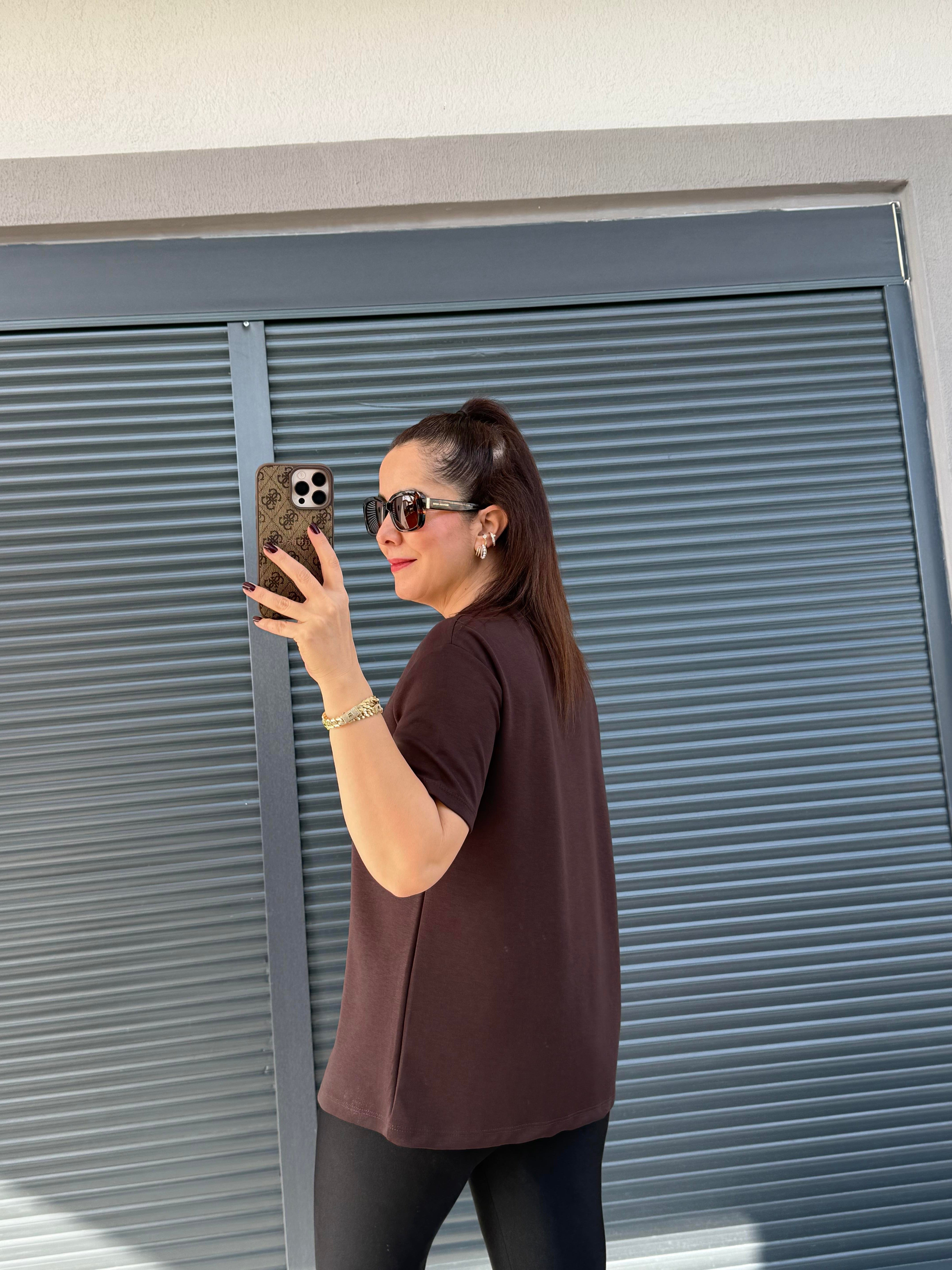 Modal Kumaş Bisiklet Yaka Basic T-Shirt Acı Kahve