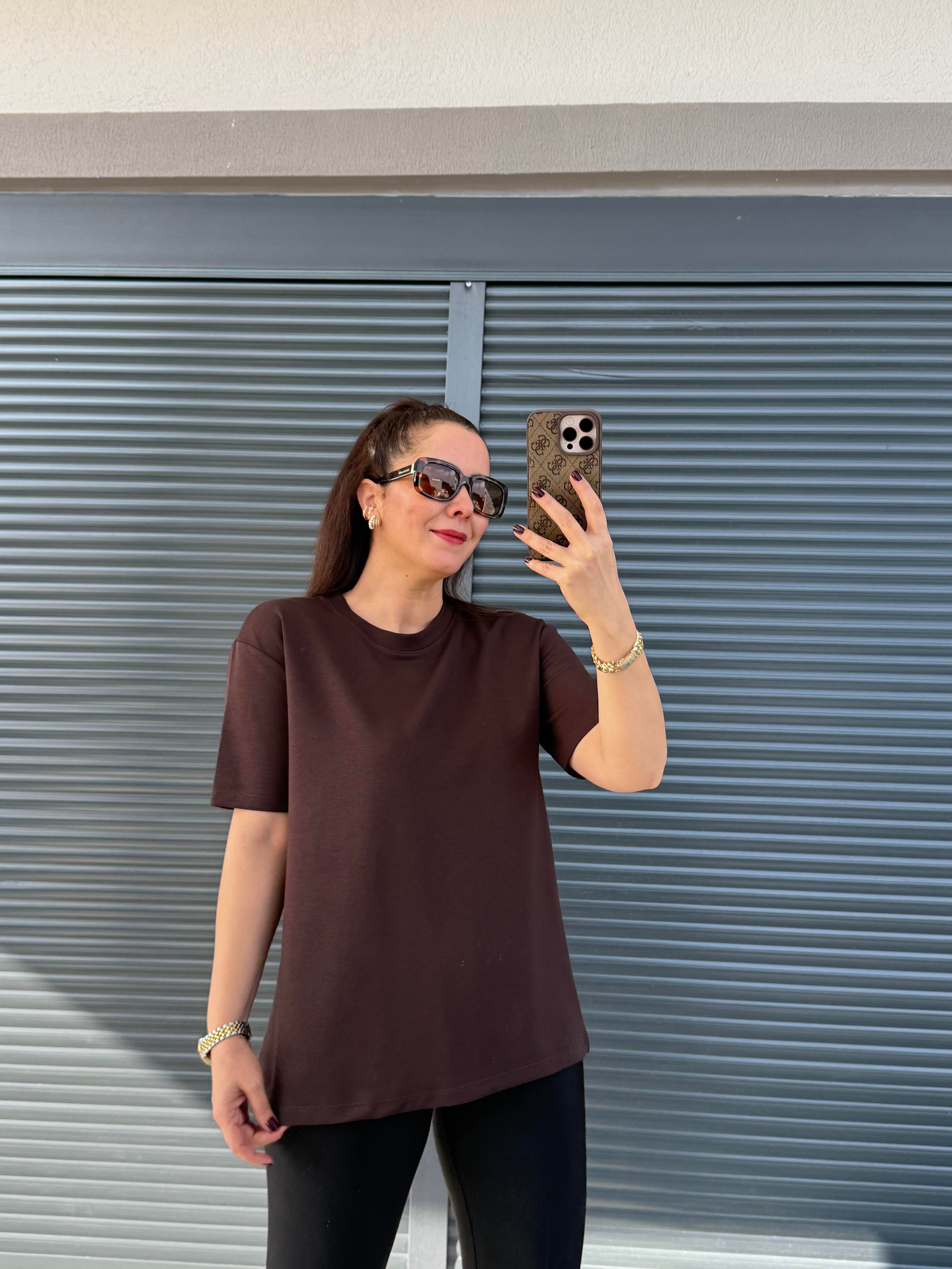 Modal Kumaş Bisiklet Yaka Basic T-Shirt Acı Kahve