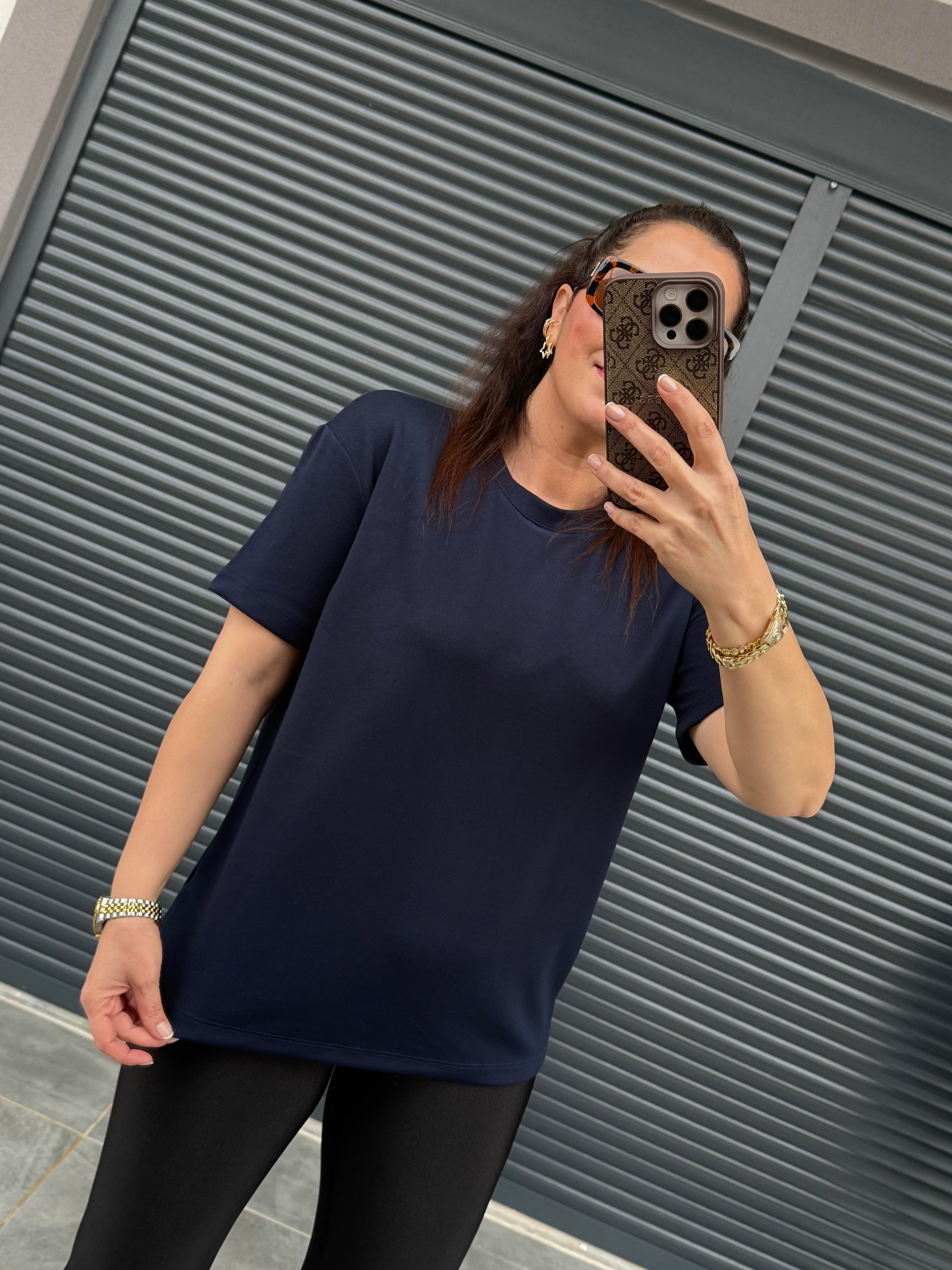 Modal Kumaş Bisiklet Yaka Basic T-Shirt Lacivert
