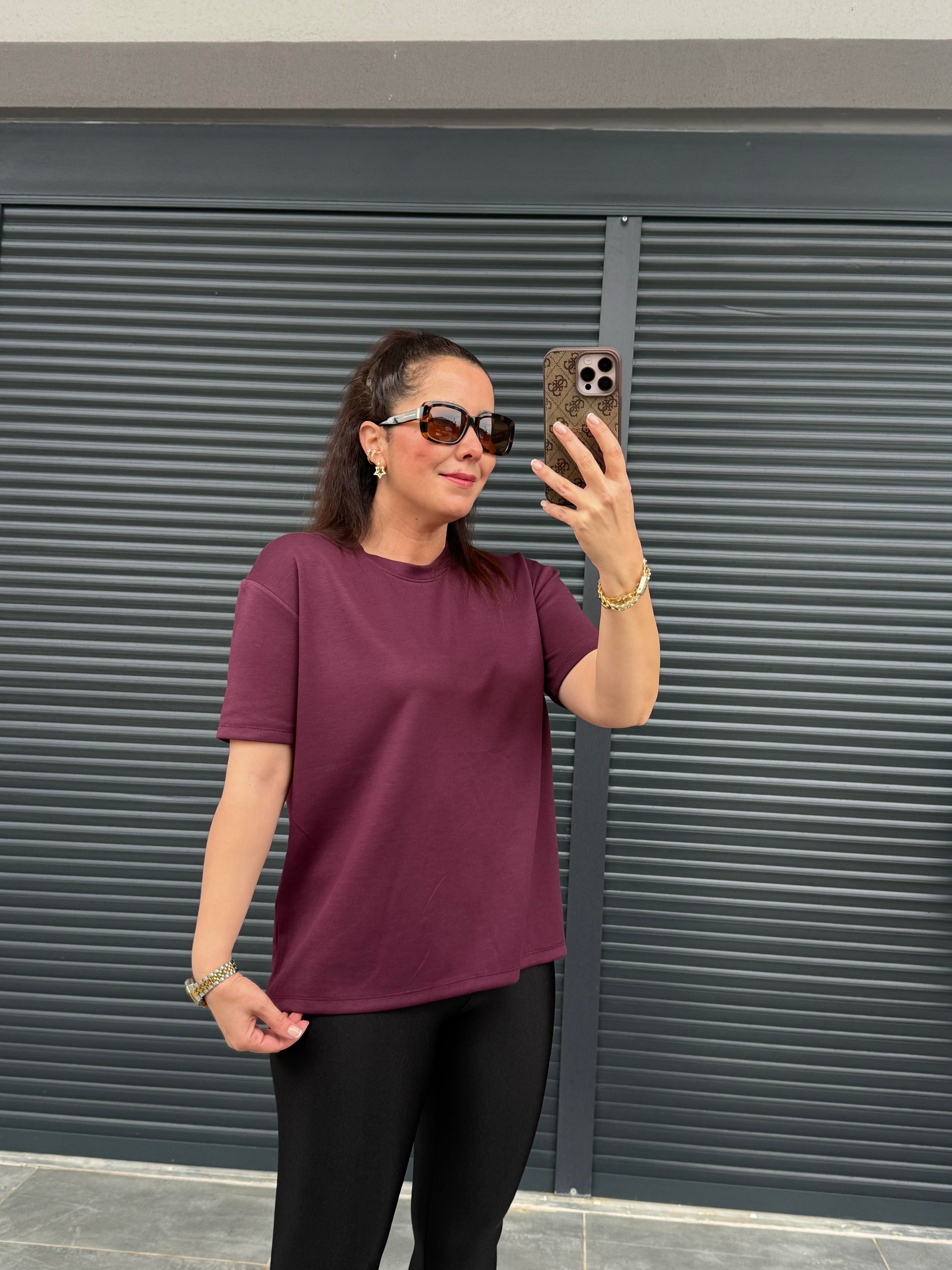 Modal Kumaş Bisiklet Yaka Basic T-Shirt Mürdüm