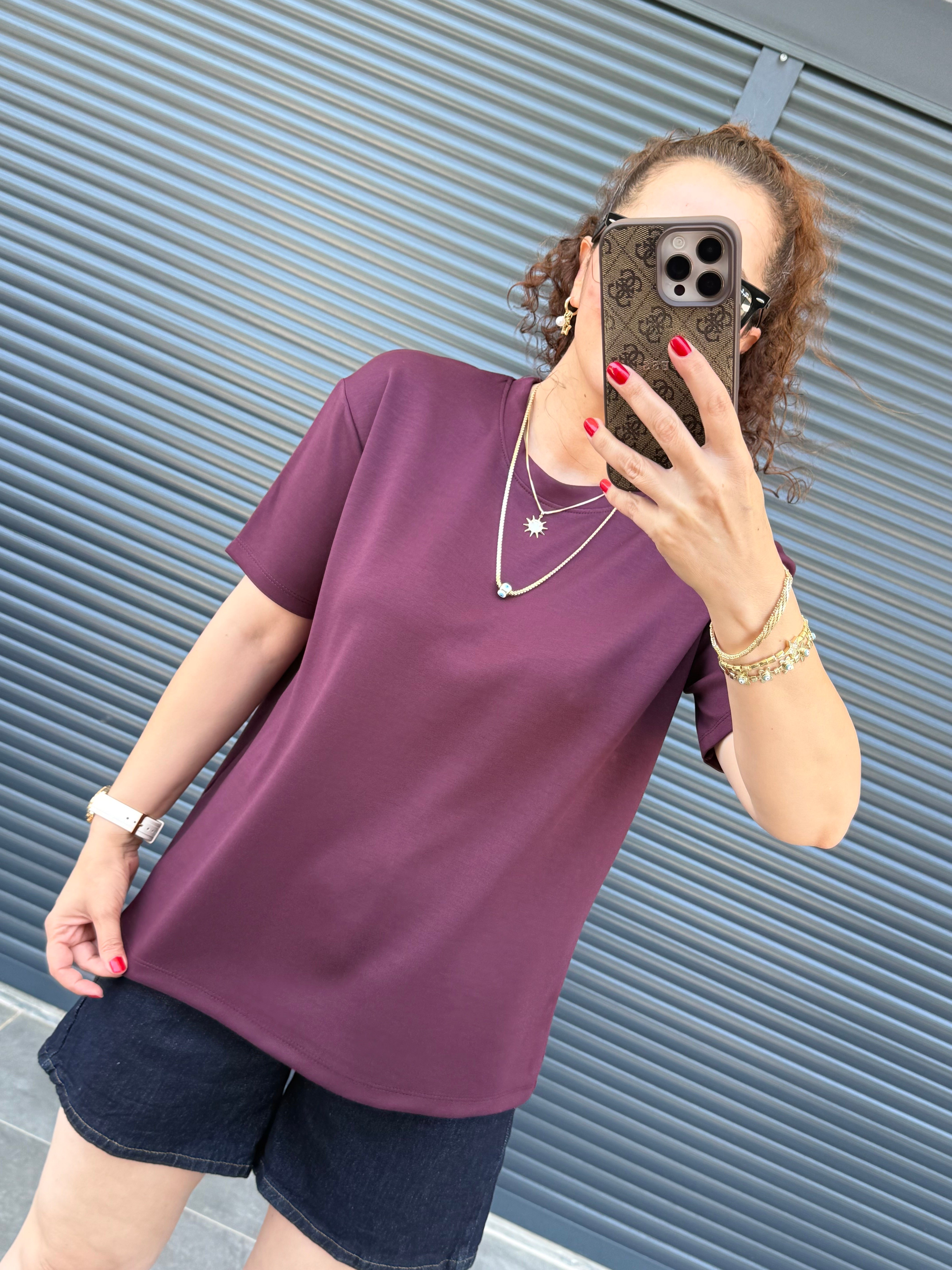 Modal Kumaş Bisiklet Yaka Basic T-Shirt Mürdüm
