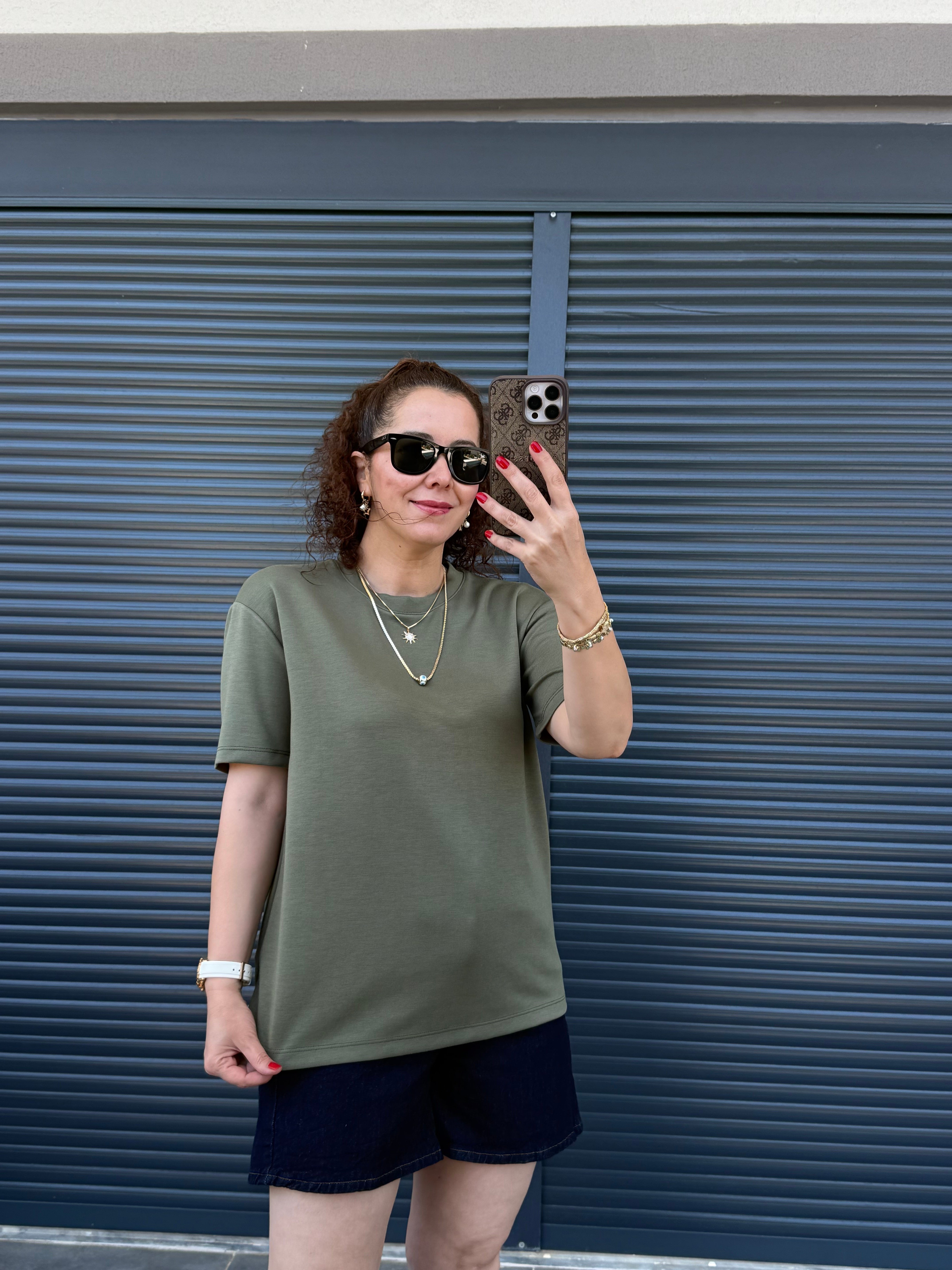 Modal Kumaş Bisiklet Yaka Basic T-Shirt Haki