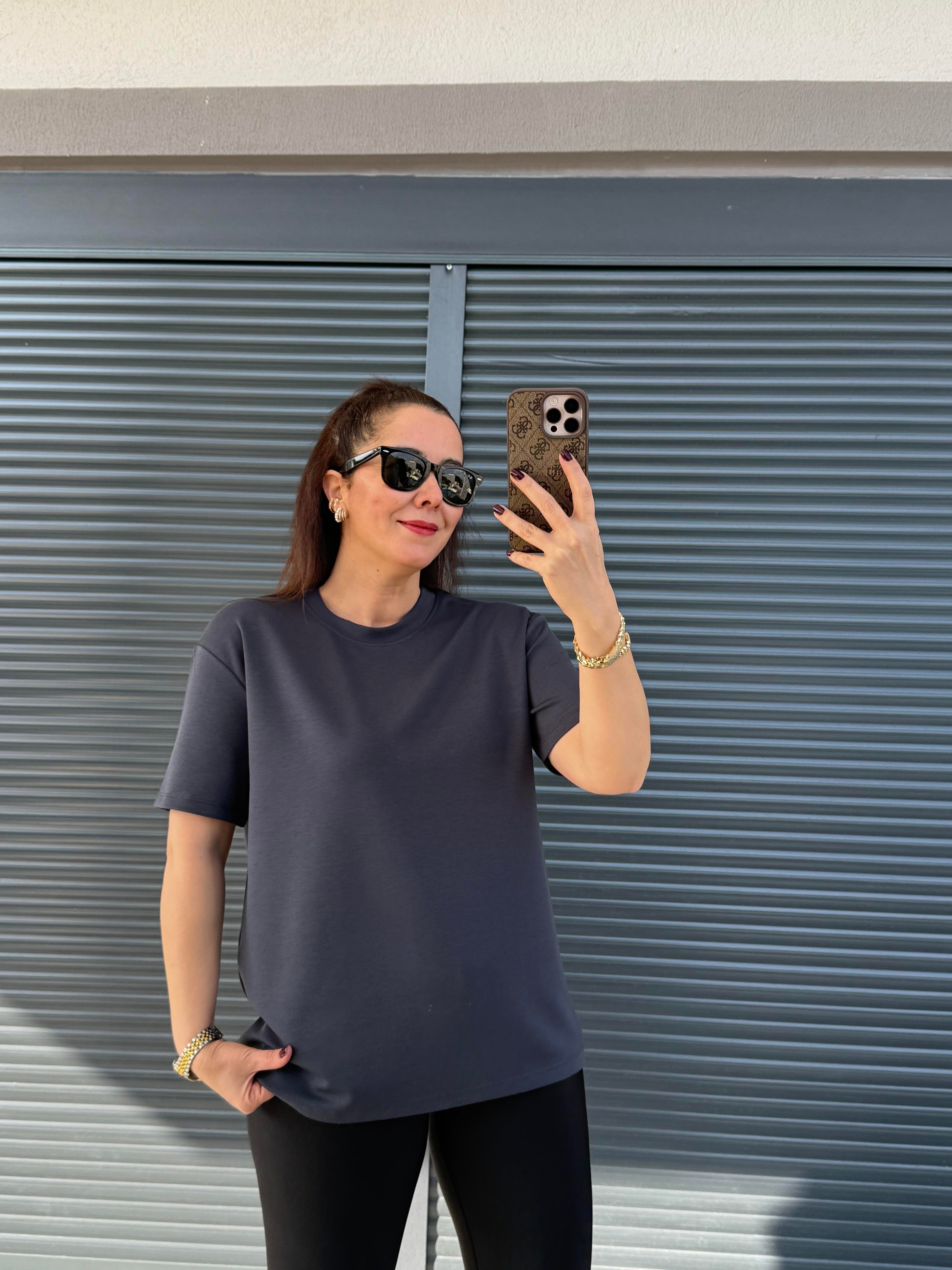 Modal Kumaş Bisiklet Yaka Basic T-Shirt Antrasit