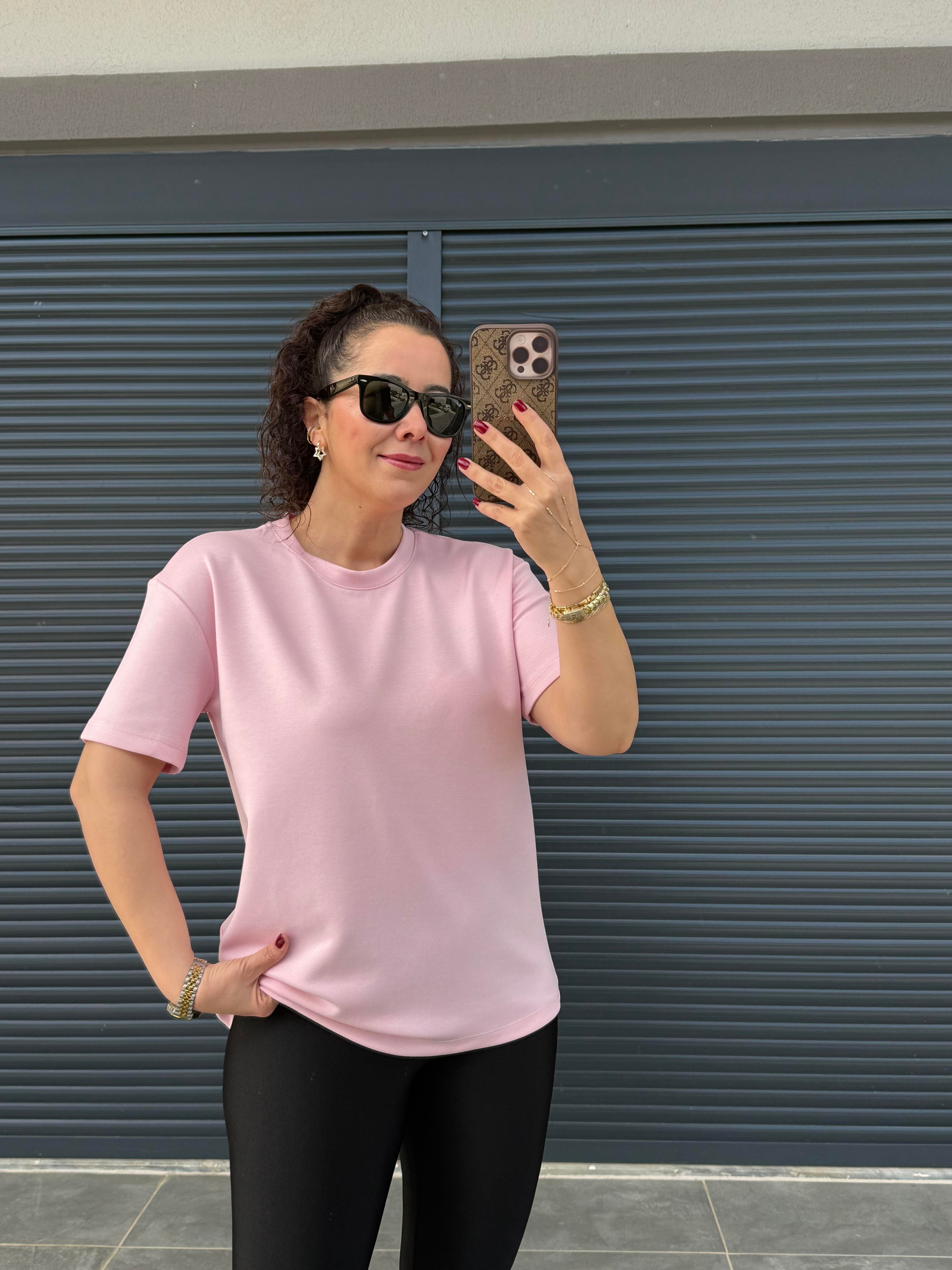 Modal Kumaş Bisiklet Yaka Basic T-Shirt Pembe