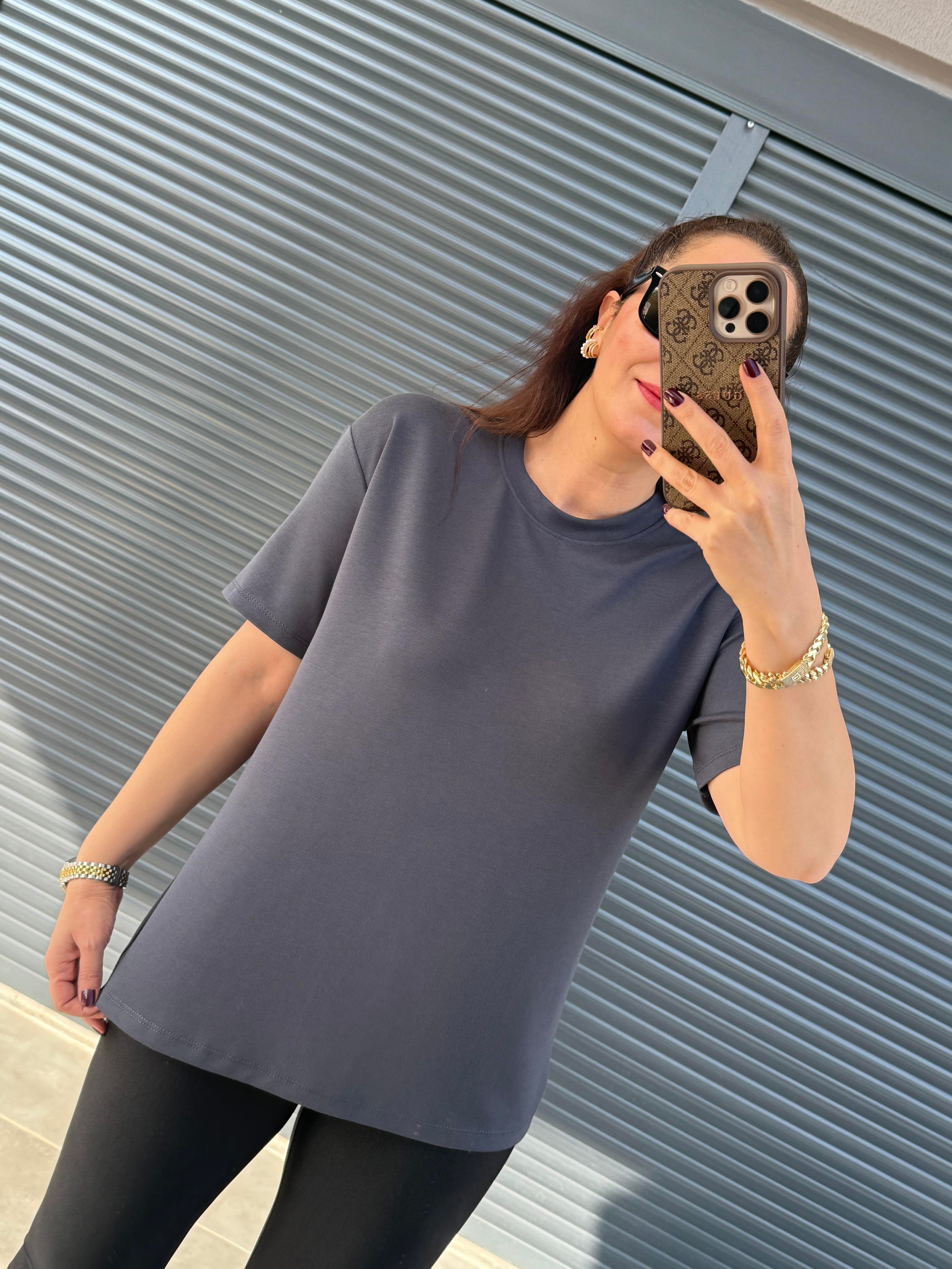 Modal Kumaş Bisiklet Yaka Basic T-Shirt Antrasit