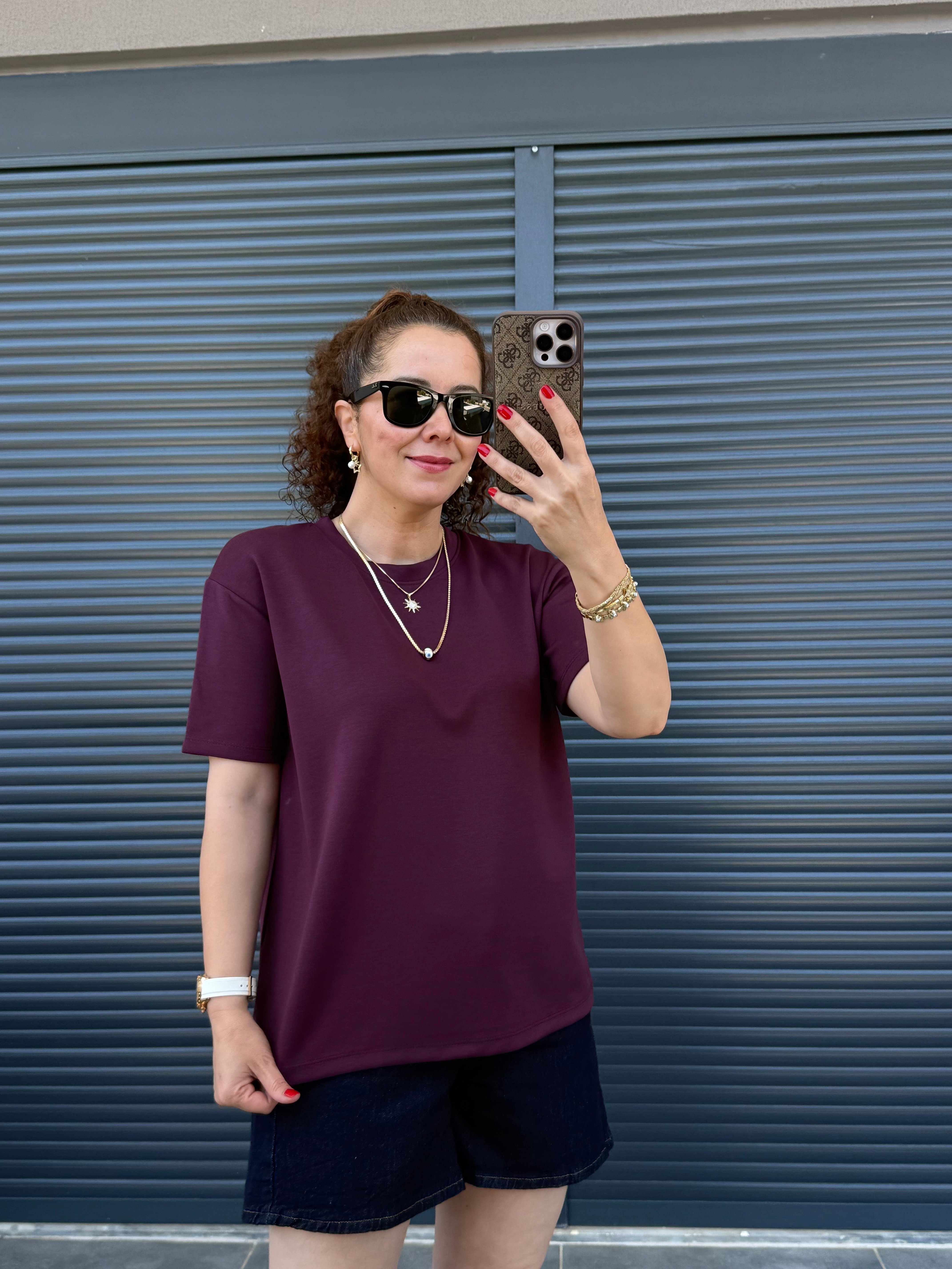 Modal Kumaş Bisiklet Yaka Basic T-Shirt Mürdüm