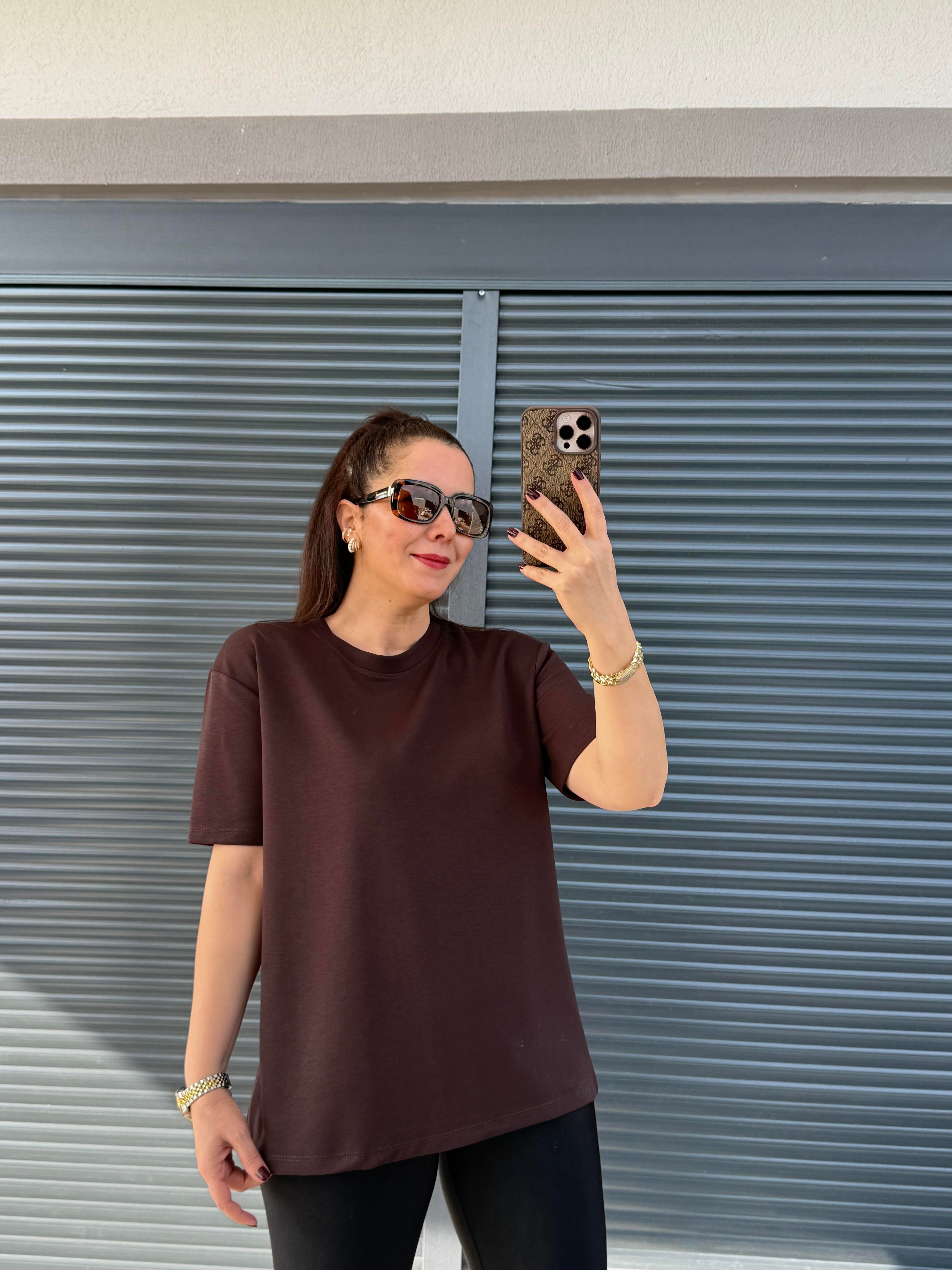 Modal Kumaş Bisiklet Yaka Basic T-Shirt Acı Kahve