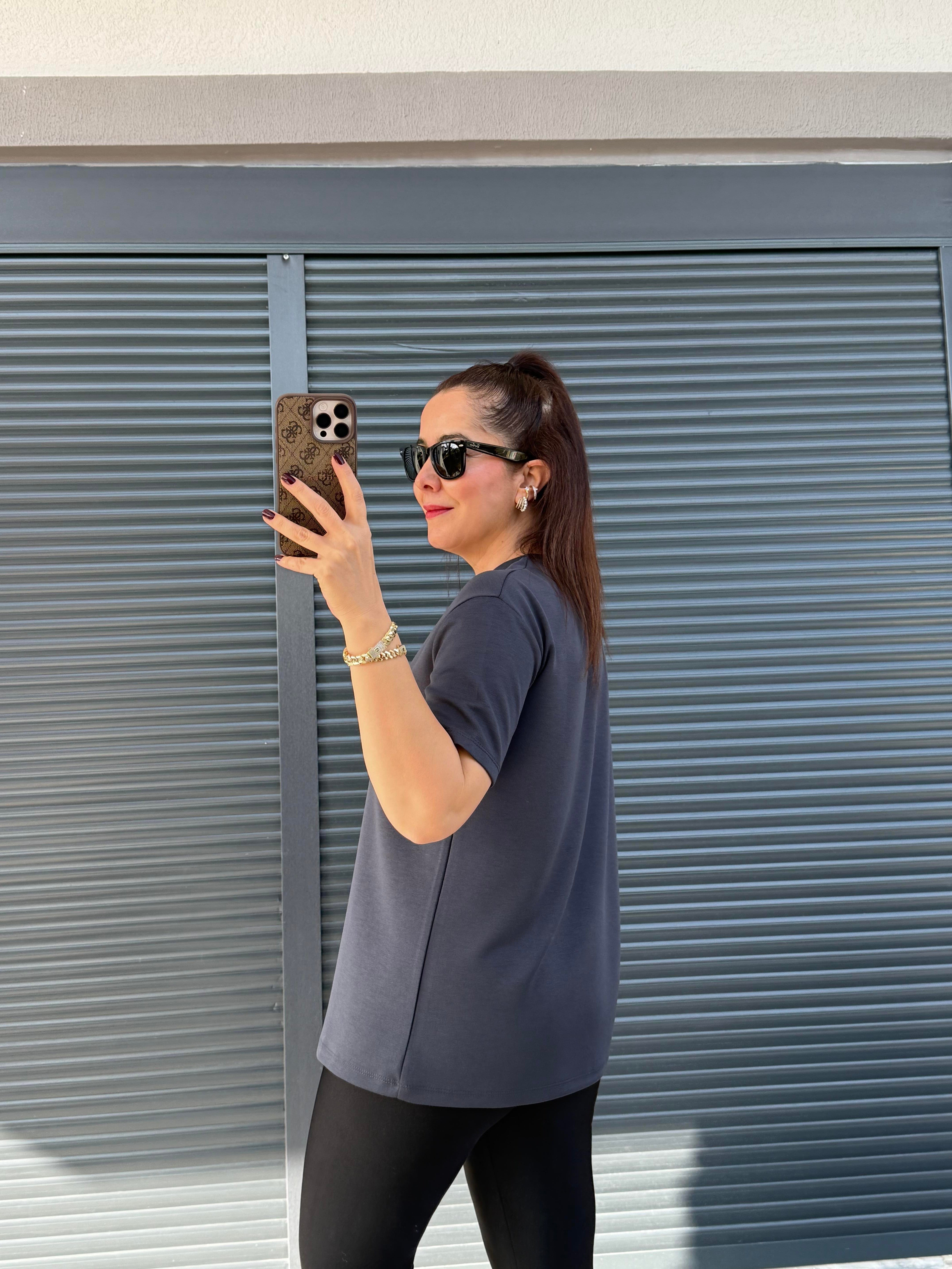 Modal Kumaş Bisiklet Yaka Basic T-Shirt Antrasit