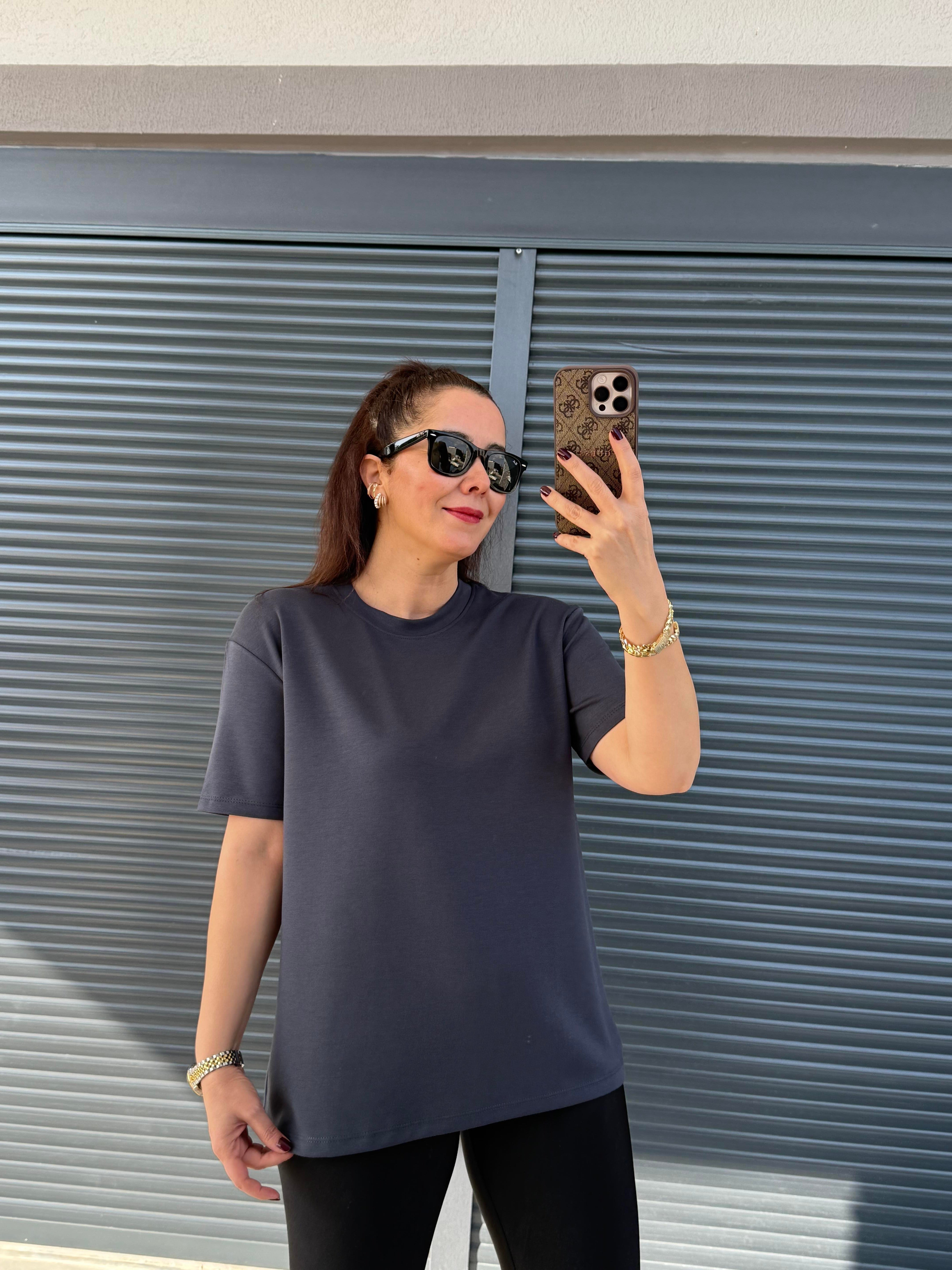 Modal Kumaş Bisiklet Yaka Basic T-Shirt Antrasit