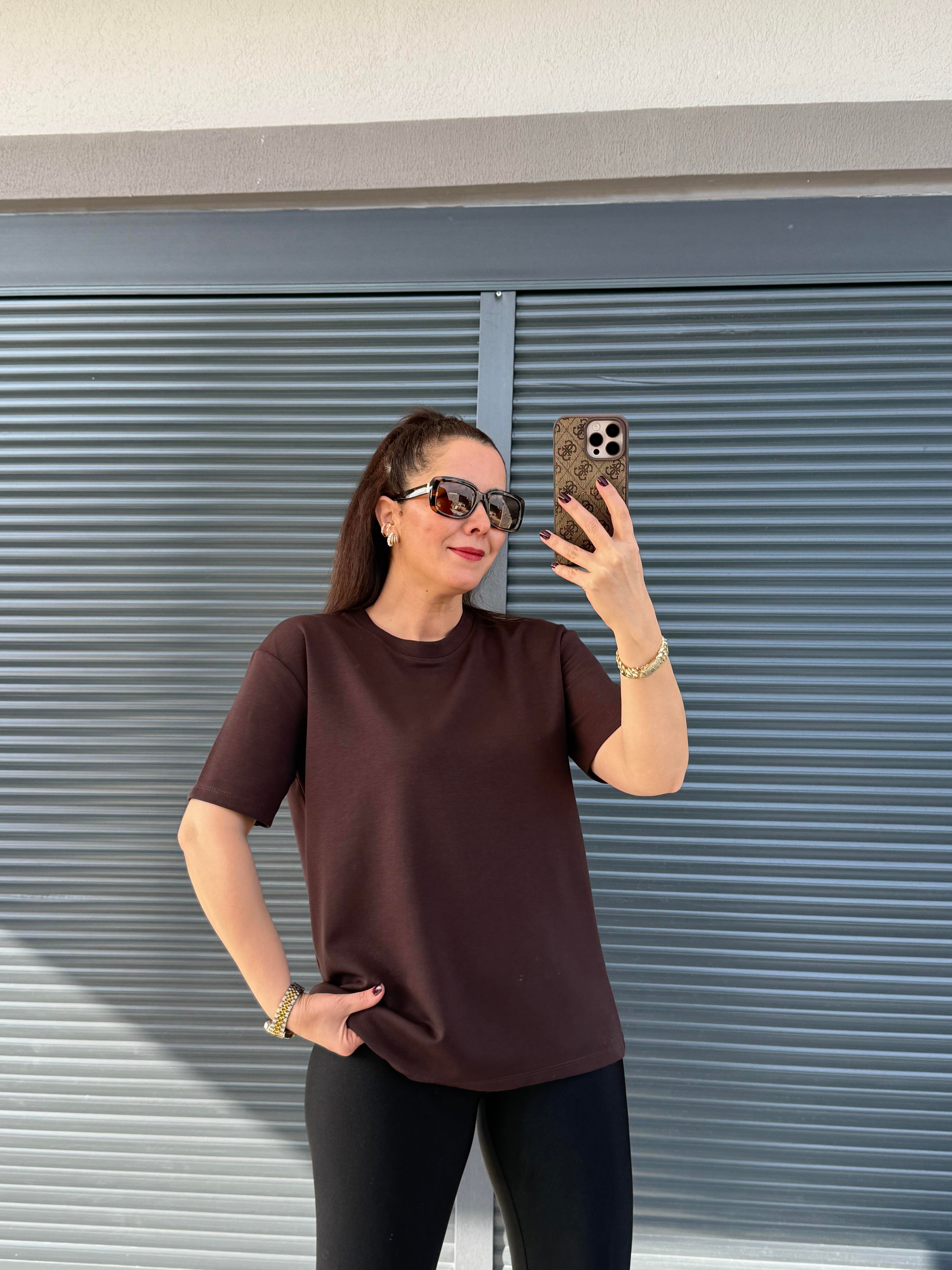 Modal Kumaş Bisiklet Yaka Basic T-Shirt Acı Kahve