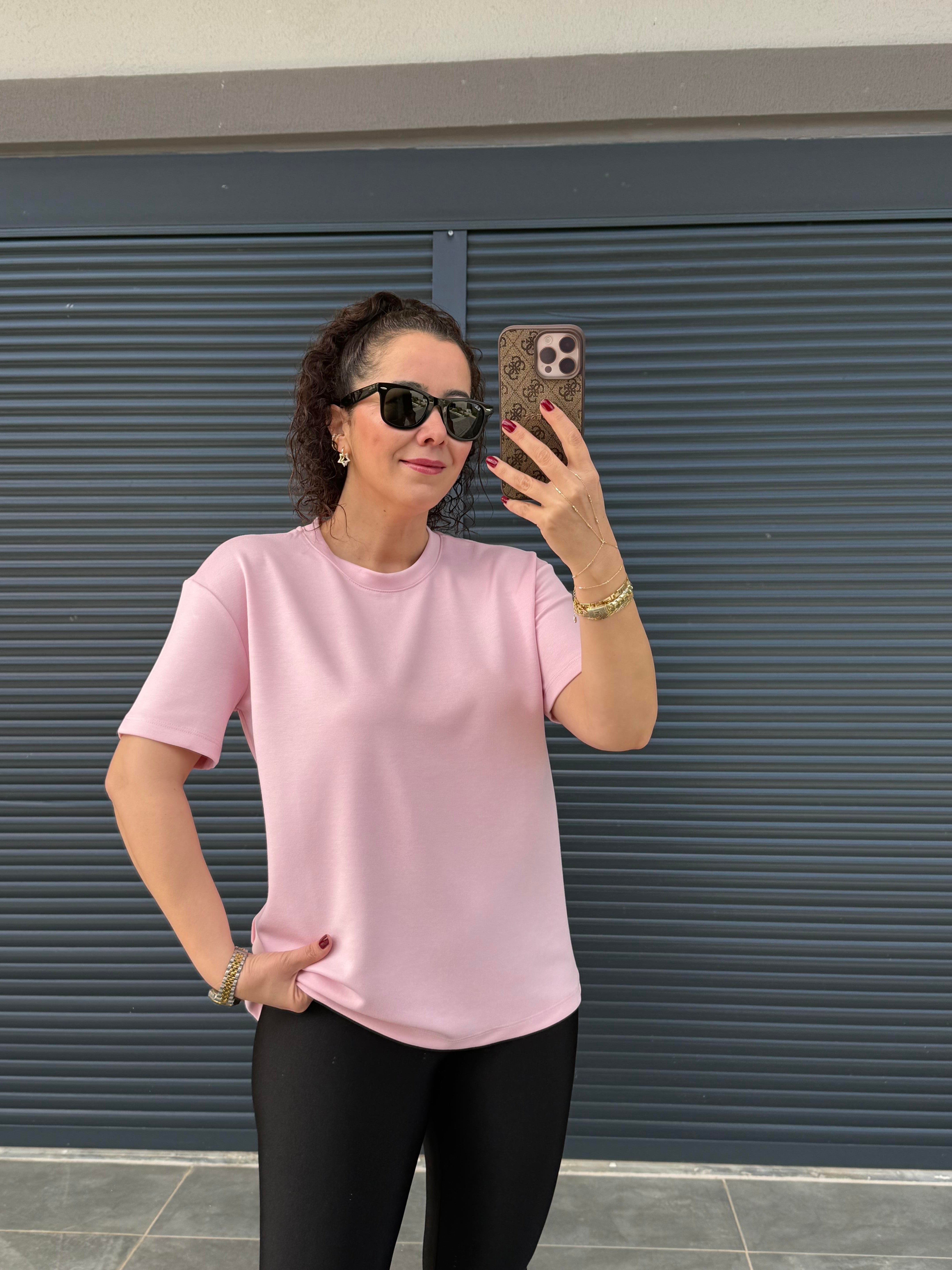 Modal Kumaş Bisiklet Yaka Basic T-Shirt Pembe